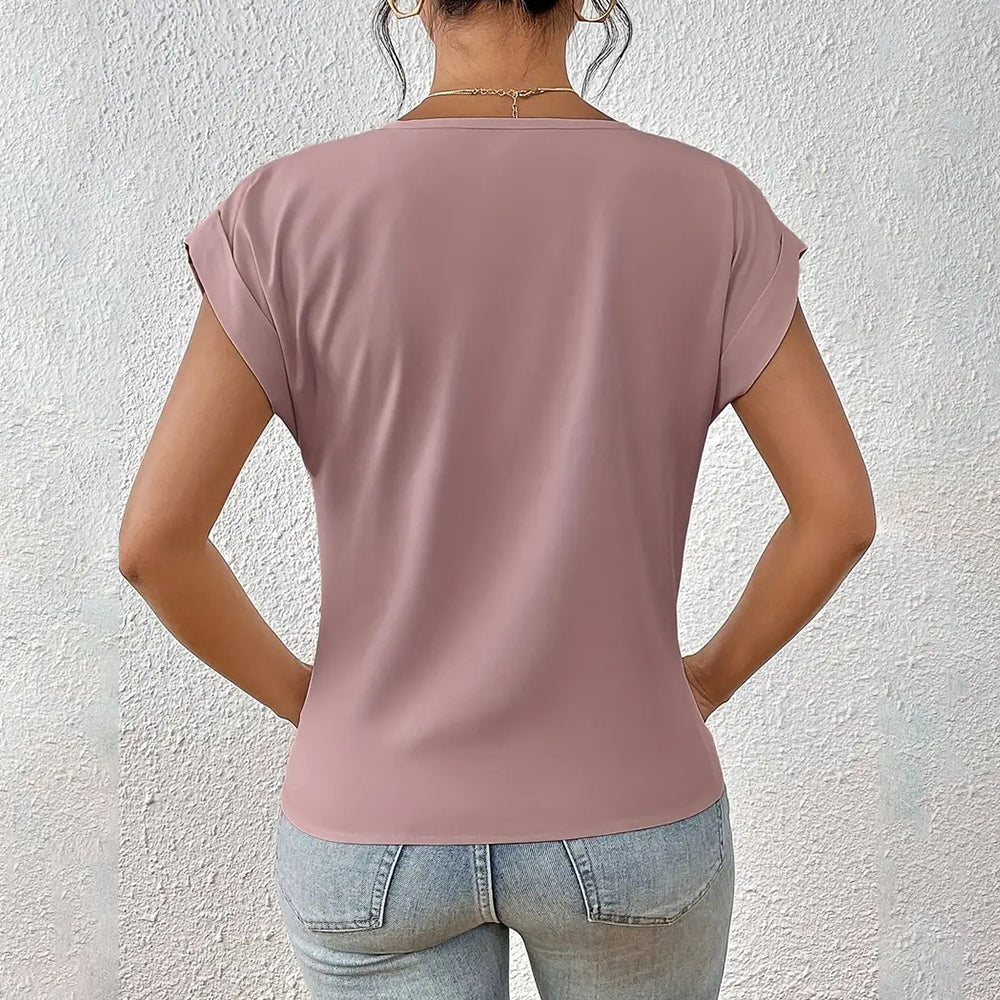 GR | Elegant, solid-color T-shirt with a V-neck and twisted hem for women