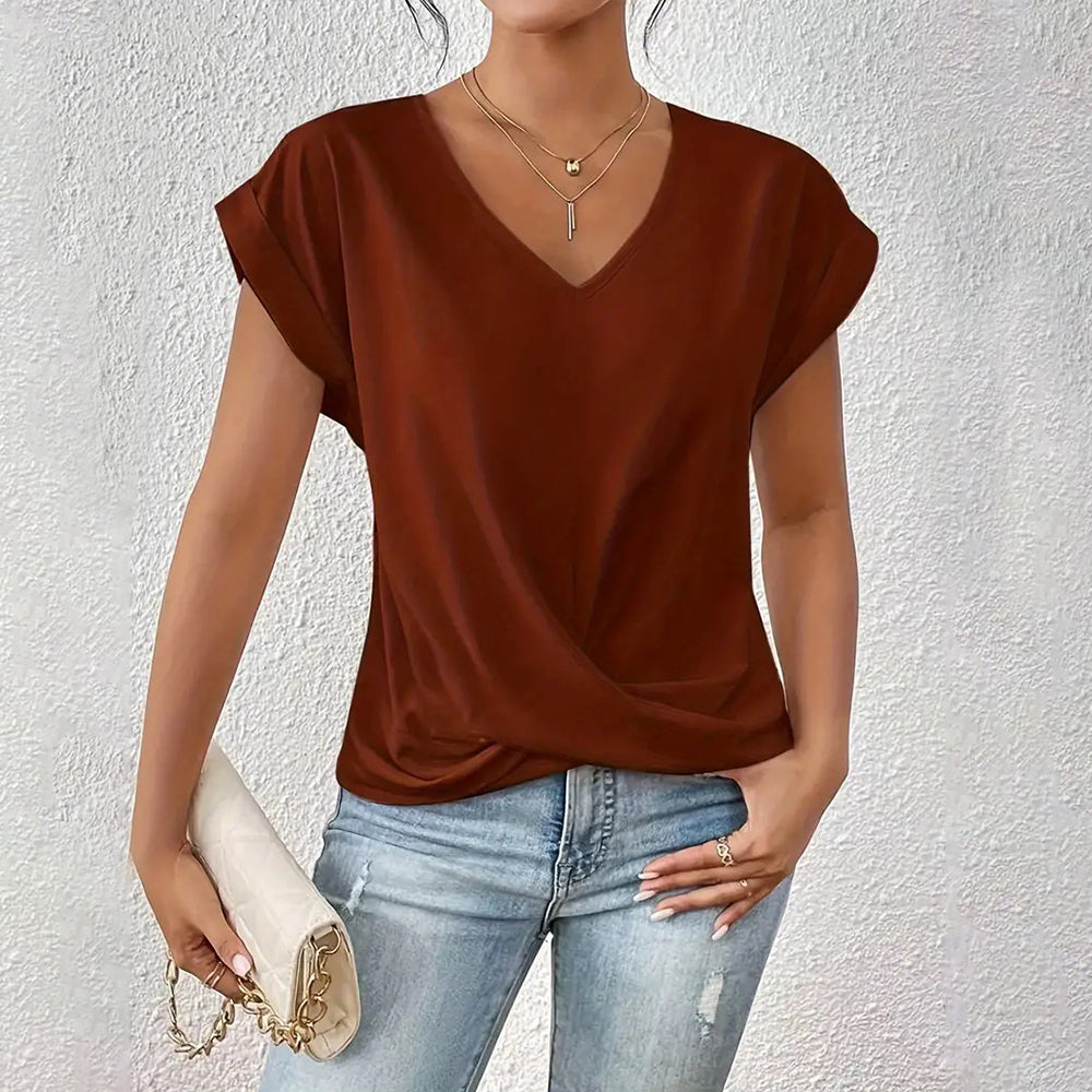 GR | Elegant, solid-color T-shirt with a V-neck and twisted hem for women