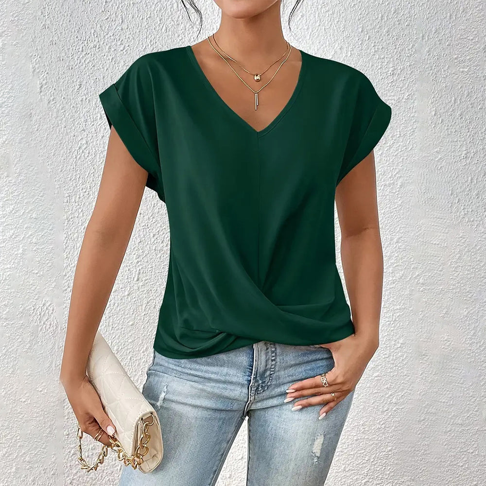GR | Elegant, solid-color T-shirt with a V-neck and twisted hem for women