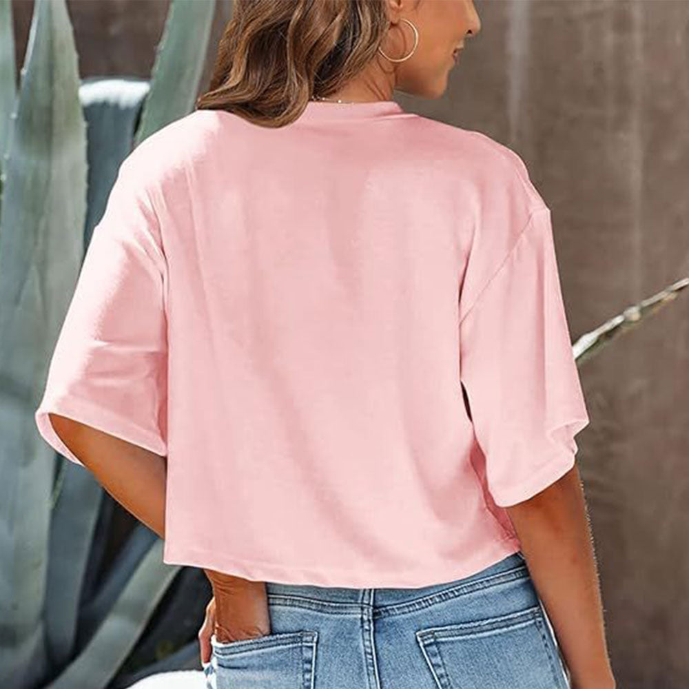 GR | Lässiges, einfarbiges, kurzes T-Shirt mit Rundhalsausschnitt für Damen