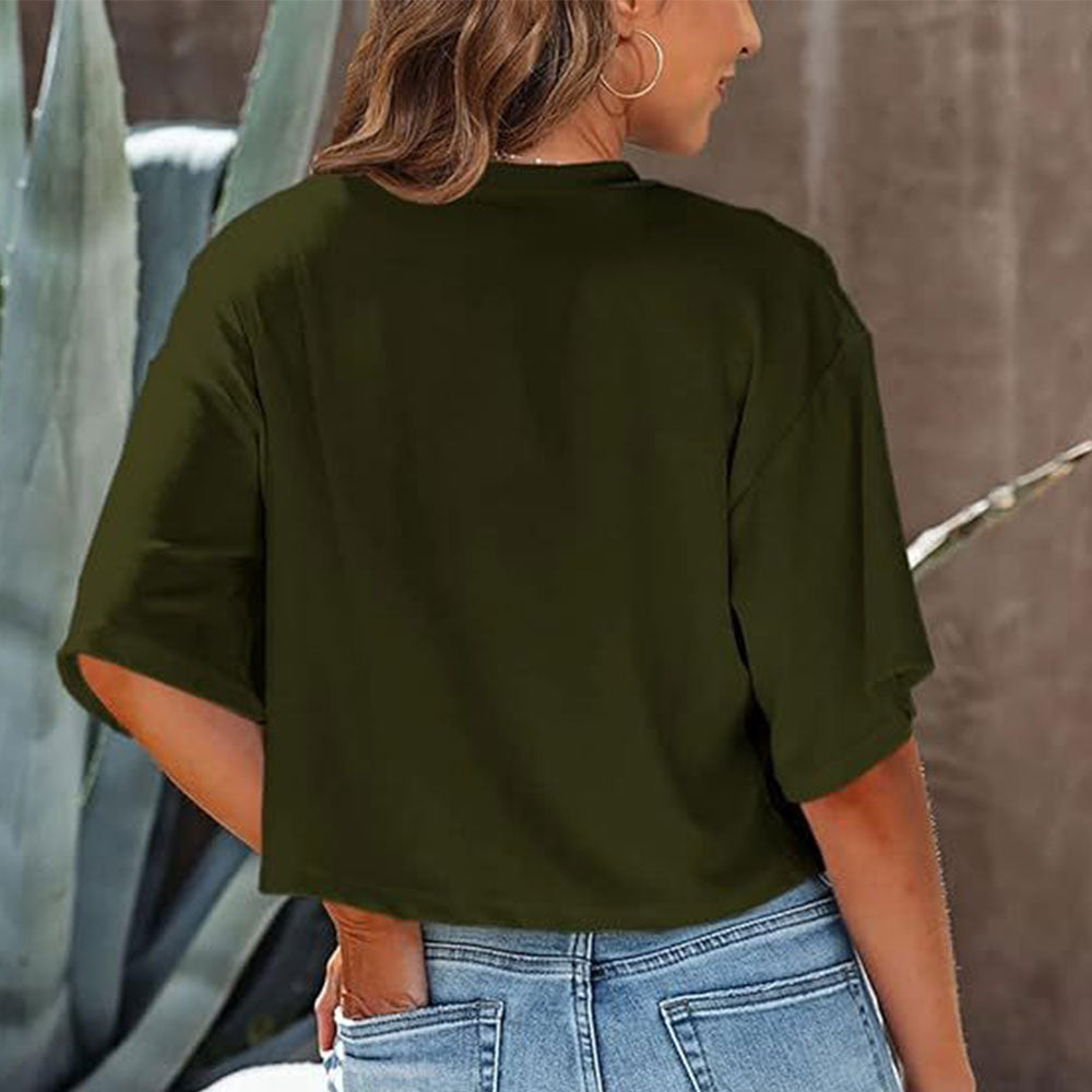 GR | Lässiges, einfarbiges, kurzes T-Shirt mit Rundhalsausschnitt für Damen