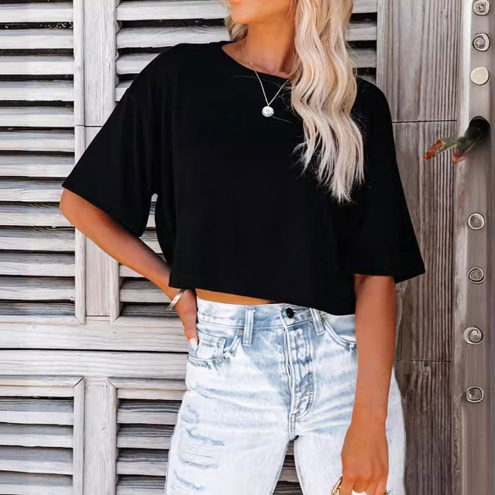 GR | Lässiges, einfarbiges, kurzes T-Shirt mit Rundhalsausschnitt für Damen