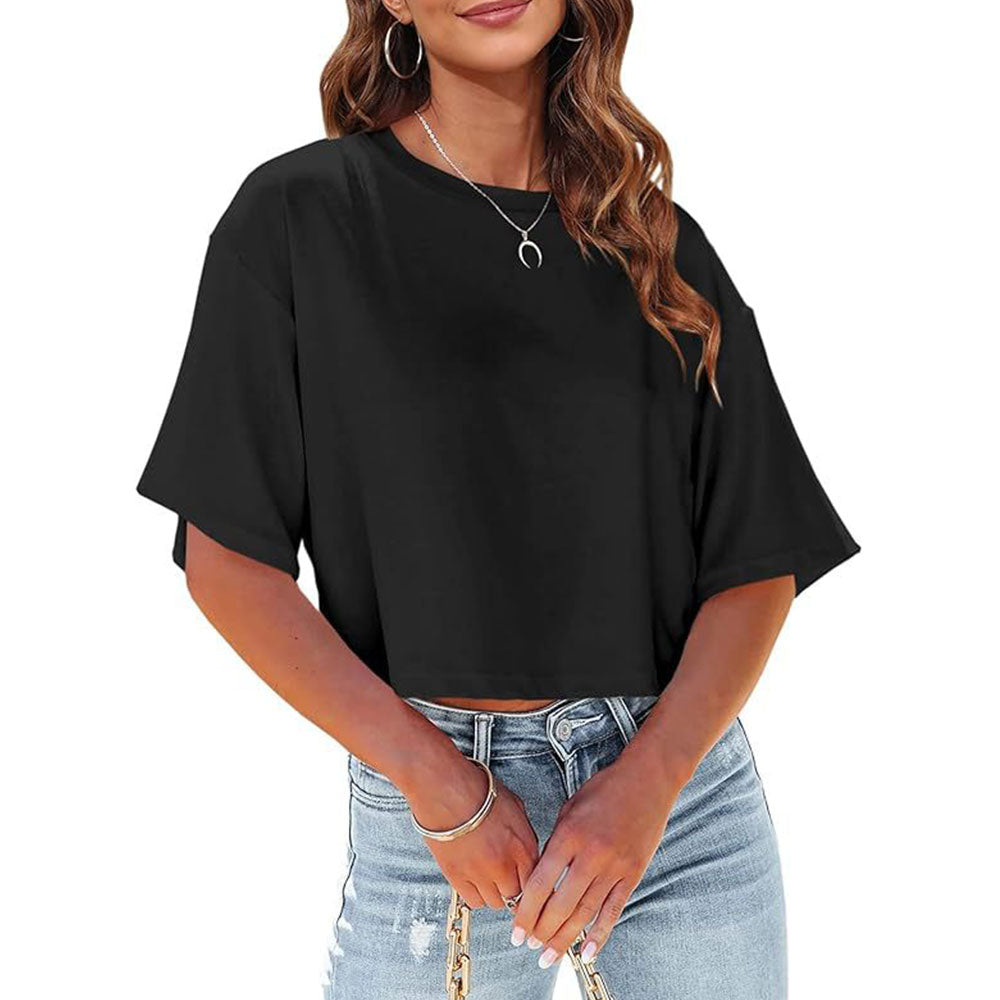 GR | Lässiges, einfarbiges, kurzes T-Shirt mit Rundhalsausschnitt für Damen