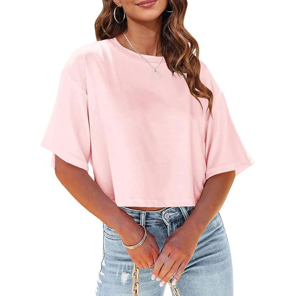 GR | Lässiges, einfarbiges, kurzes T-Shirt mit Rundhalsausschnitt für Damen