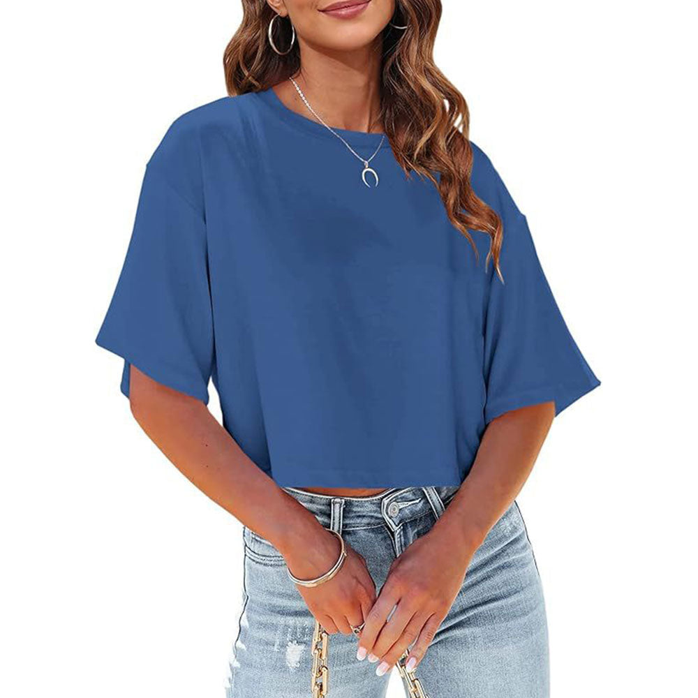 GR | Lässiges, einfarbiges, kurzes T-Shirt mit Rundhalsausschnitt für Damen