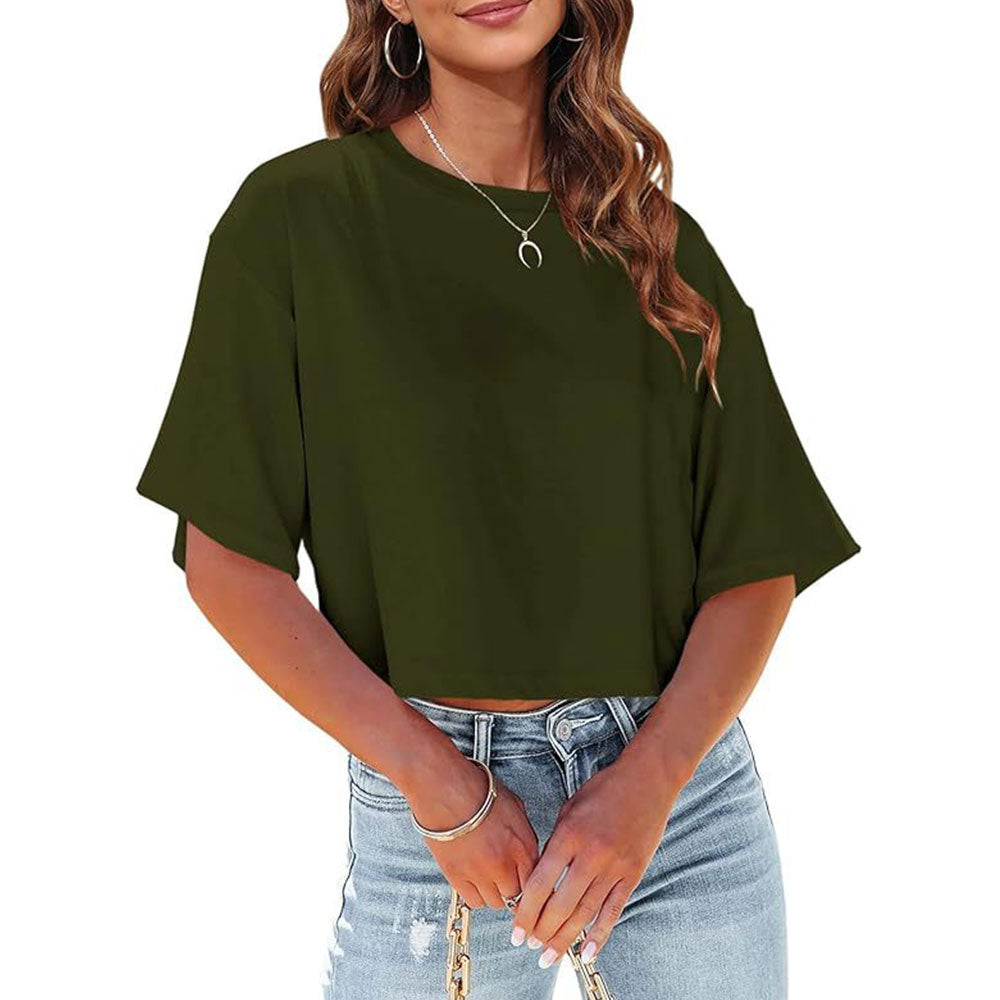 GR | Lässiges, einfarbiges, kurzes T-Shirt mit Rundhalsausschnitt für Damen