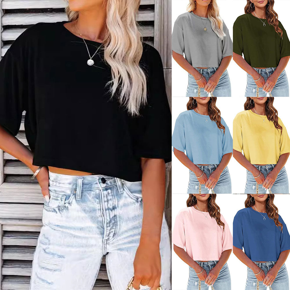 GR | Lässiges, einfarbiges, kurzes T-Shirt mit Rundhalsausschnitt für Damen