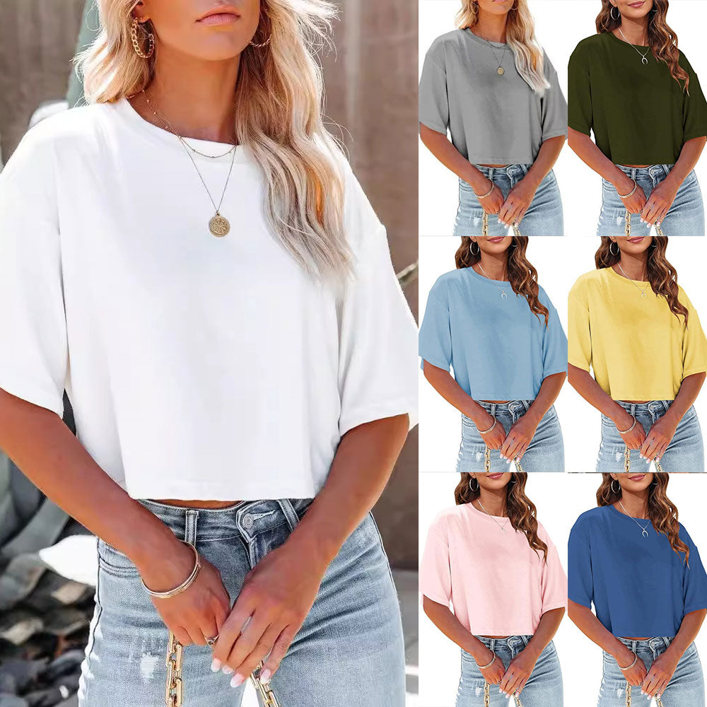GR | Lässiges, einfarbiges, kurzes T-Shirt mit Rundhalsausschnitt für Damen