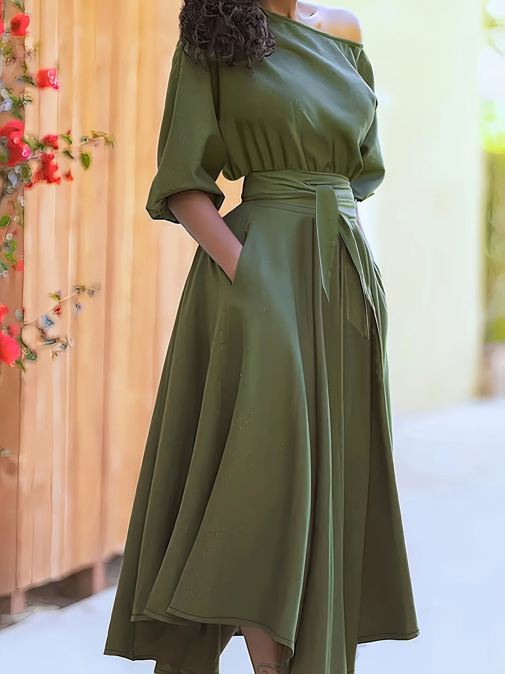 GR | Off Shoulder Midi Kleid Mit Gürtel Und Asymmetrischem Saum