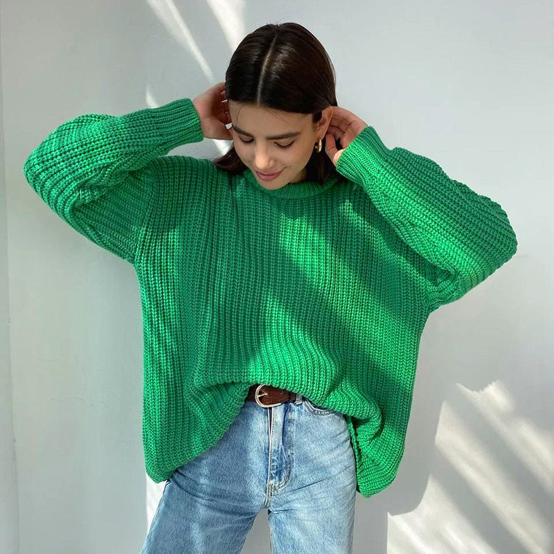 GR – Fashionable solid-color knit sweater with round neck