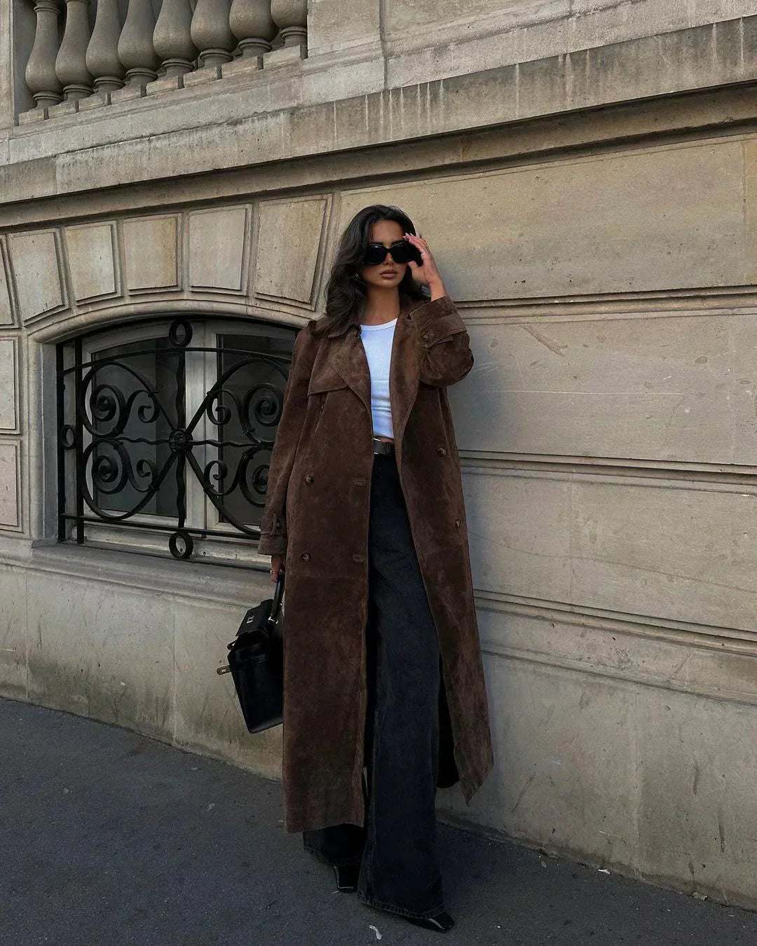 GR | Brown Suedette Double-Breasted Coat Women's Coats