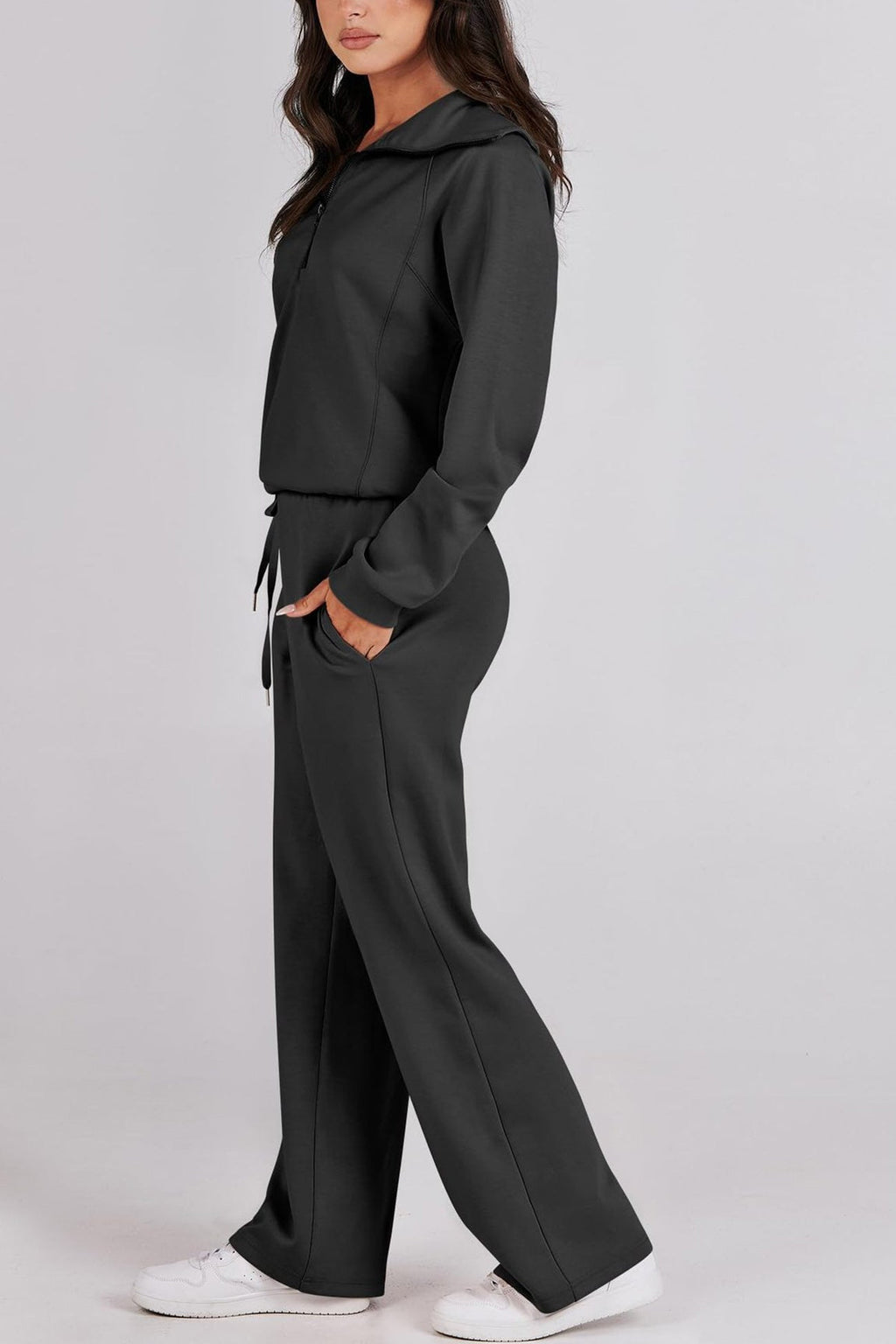 GR | Langes Hosen-Set mit weitem Bein und Revers-Reißverschluss-Sweatshirt
