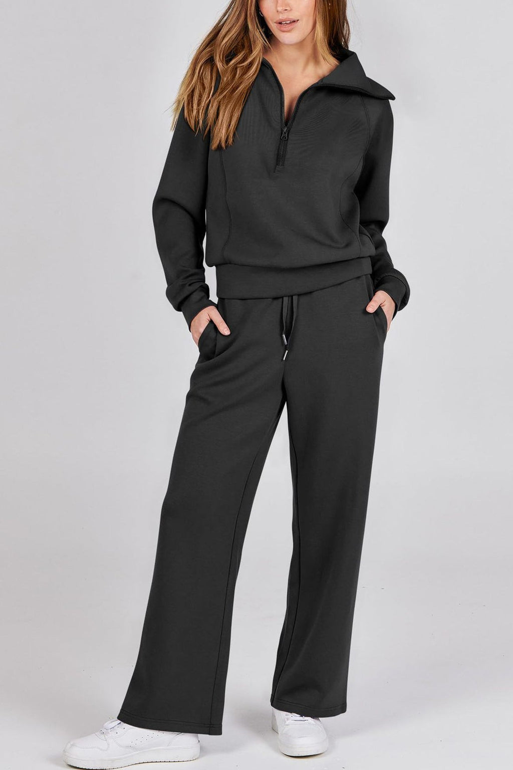 GR | Langes Hosen-Set mit weitem Bein und Revers-Reißverschluss-Sweatshirt
