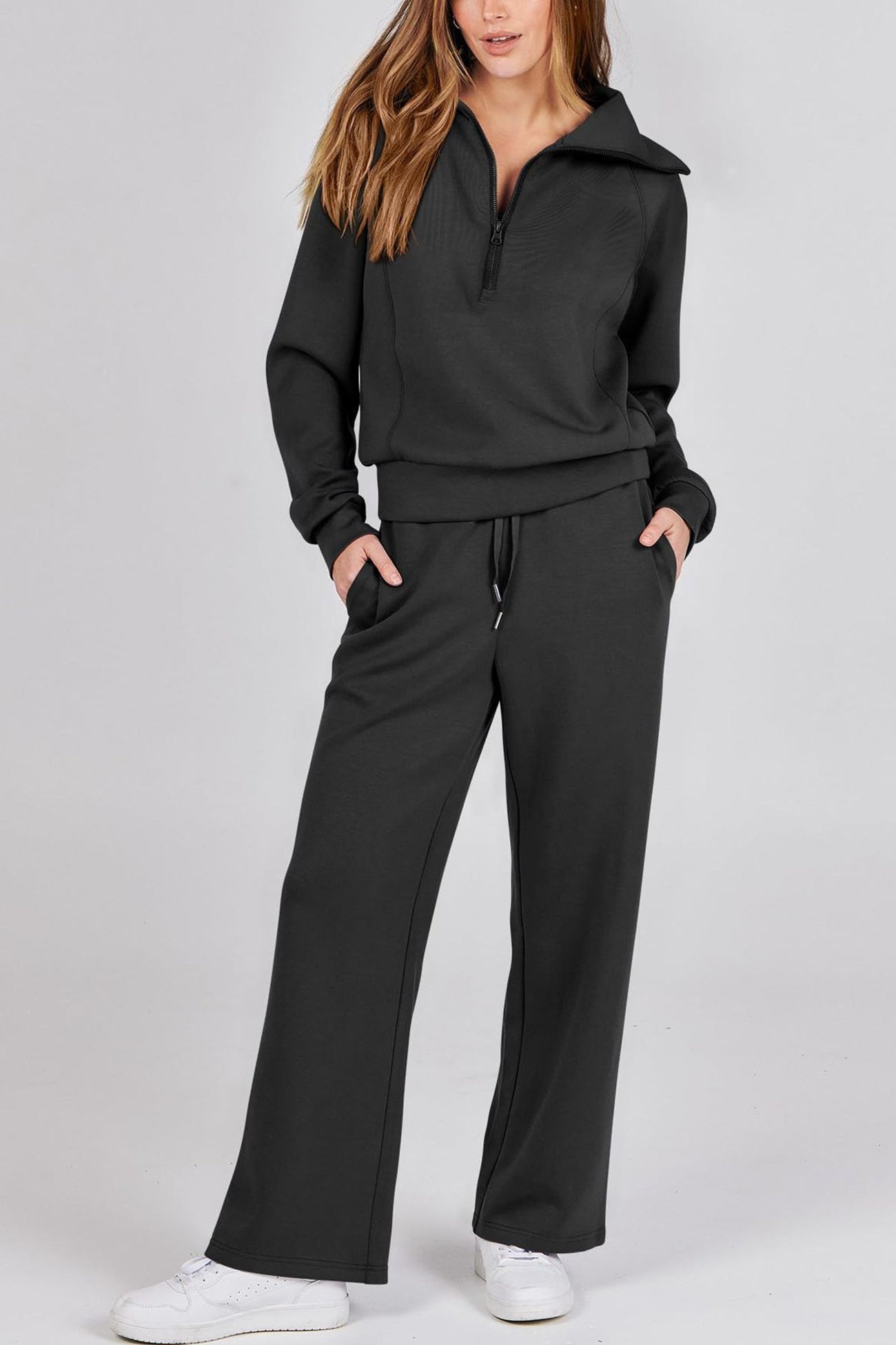 GR | Langes Hosen-Set mit weitem Bein und Revers-Reißverschluss-Sweatshirt