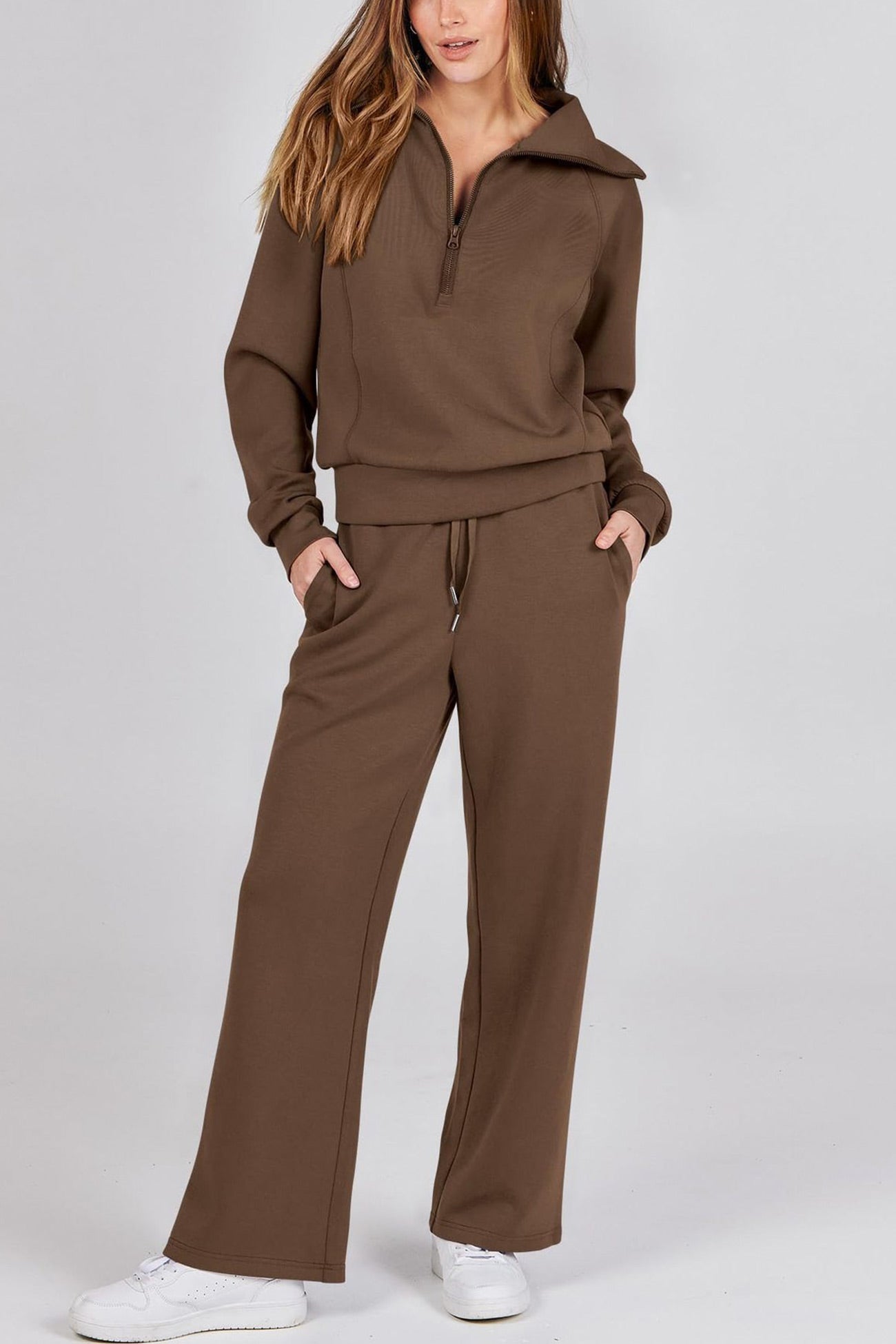 GR | Langes Hosen-Set mit weitem Bein und Revers-Reißverschluss-Sweatshirt