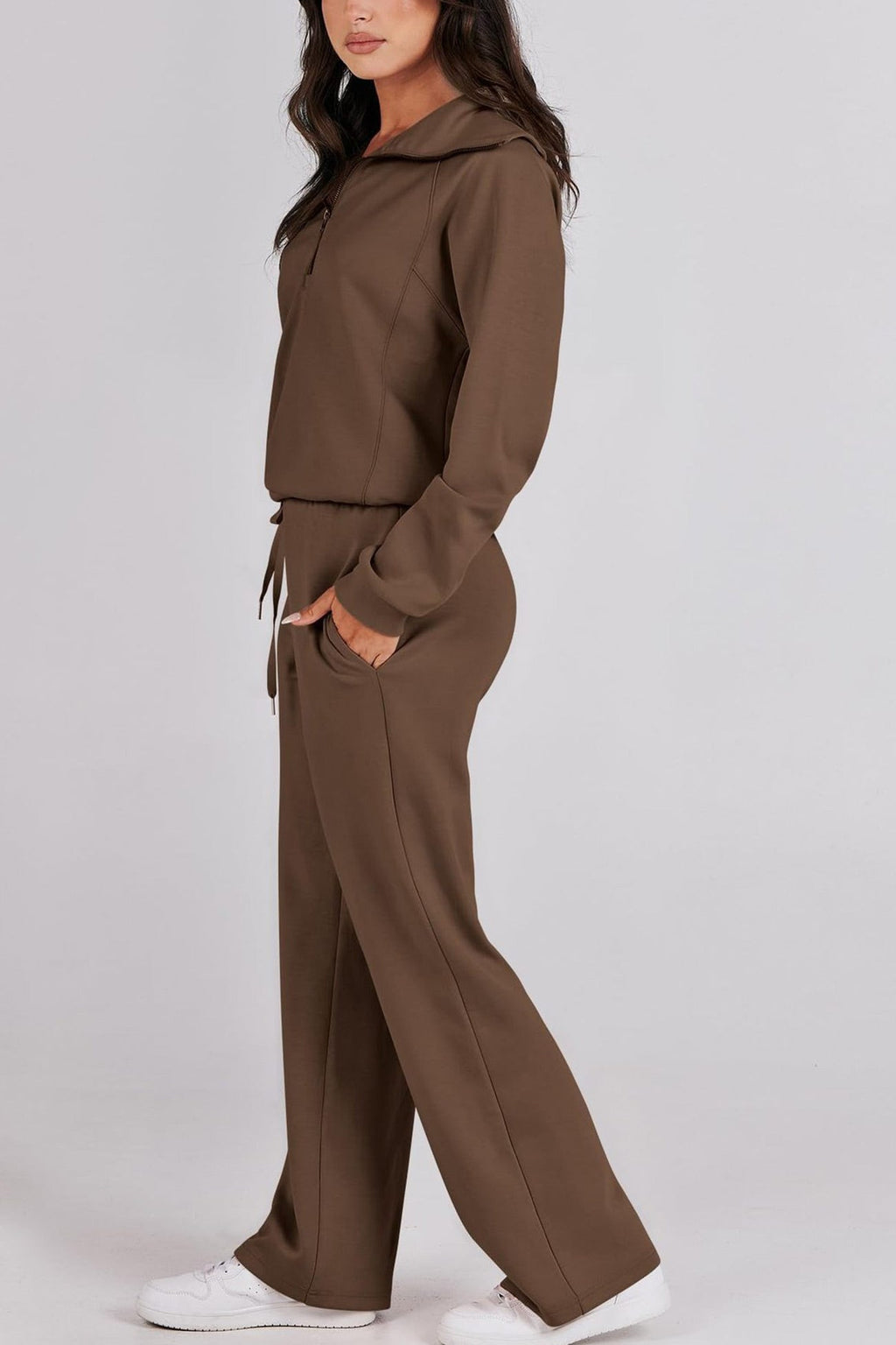 GR | Langes Hosen-Set mit weitem Bein und Revers-Reißverschluss-Sweatshirt
