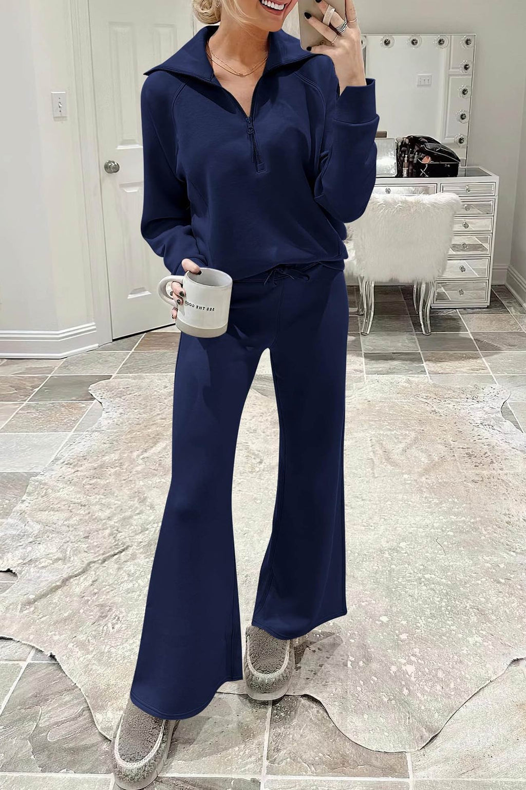 GR | Langes Hosen-Set mit weitem Bein und Revers-Reißverschluss-Sweatshirt