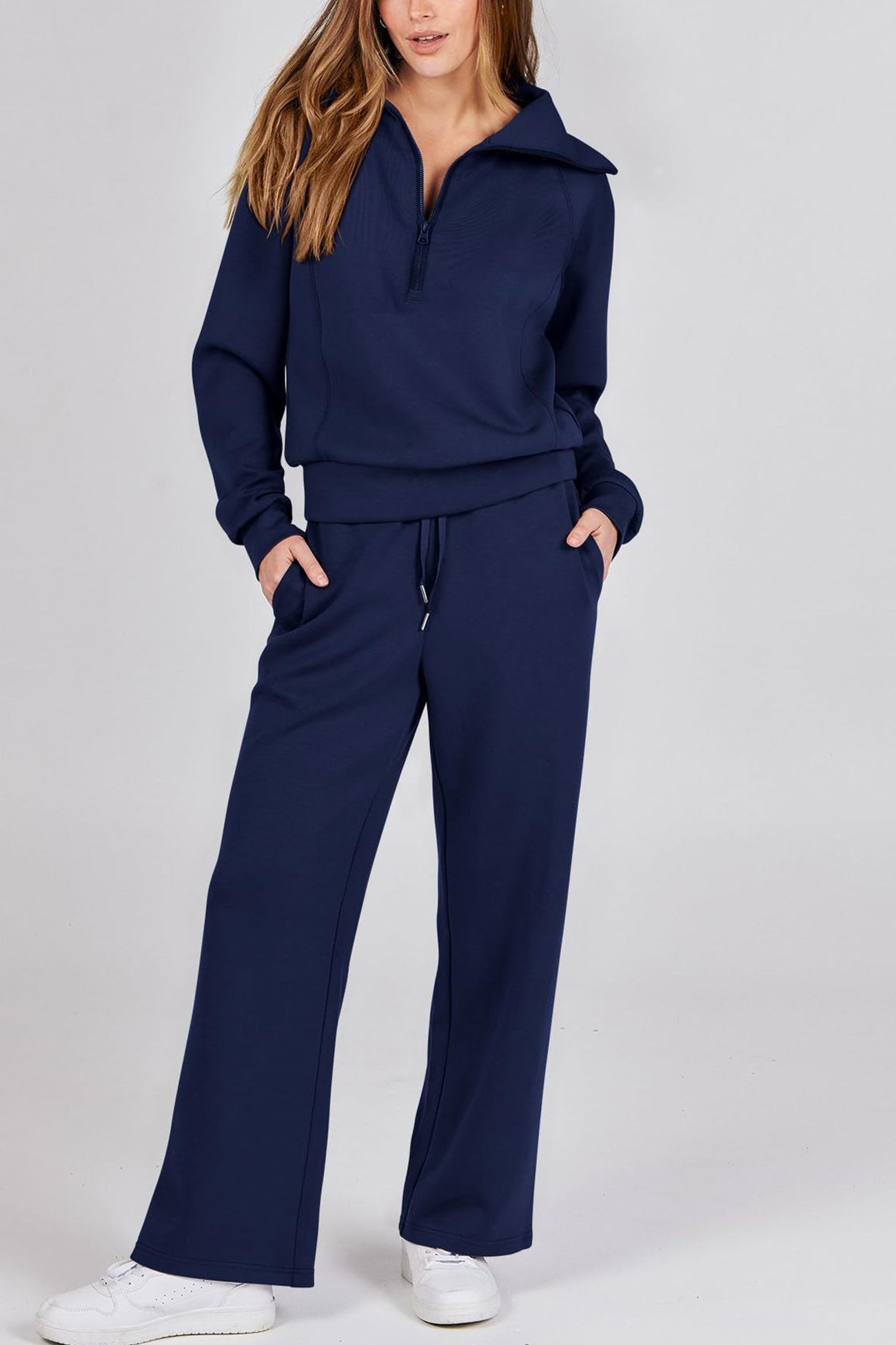 GR | Langes Hosen-Set mit weitem Bein und Revers-Reißverschluss-Sweatshirt