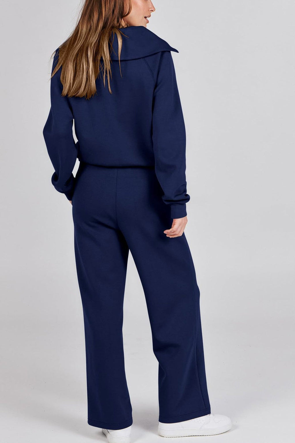 GR | Langes Hosen-Set mit weitem Bein und Revers-Reißverschluss-Sweatshirt