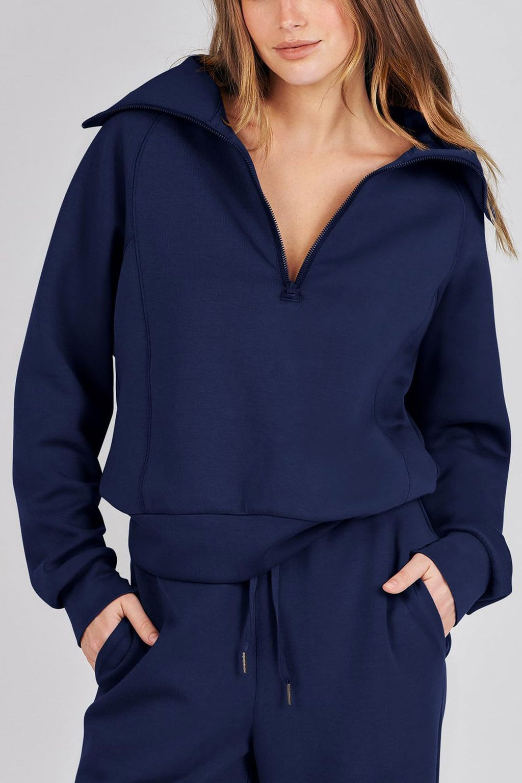 GR | Langes Hosen-Set mit weitem Bein und Revers-Reißverschluss-Sweatshirt