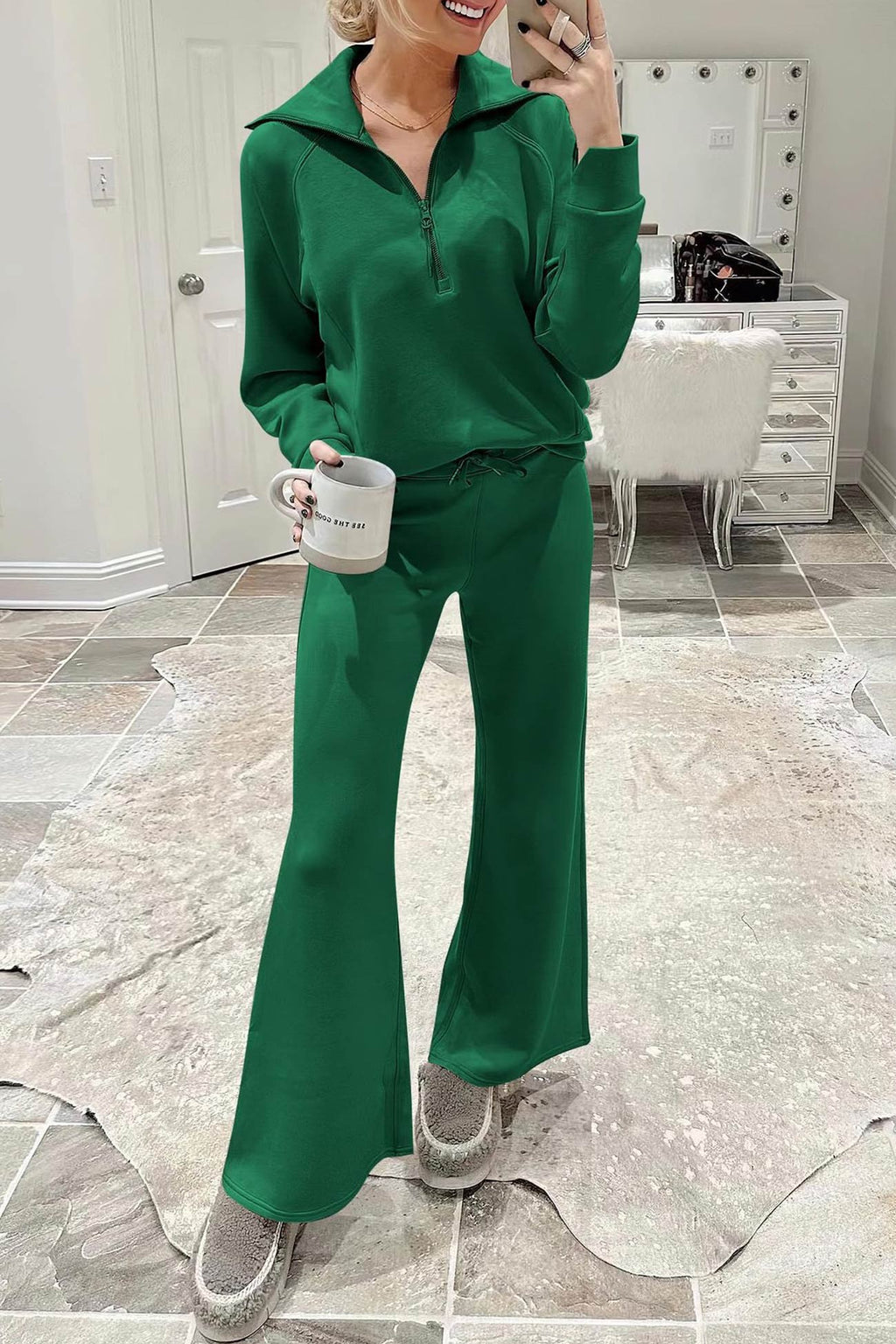GR | Langes Hosen-Set mit weitem Bein und Revers-Reißverschluss-Sweatshirt