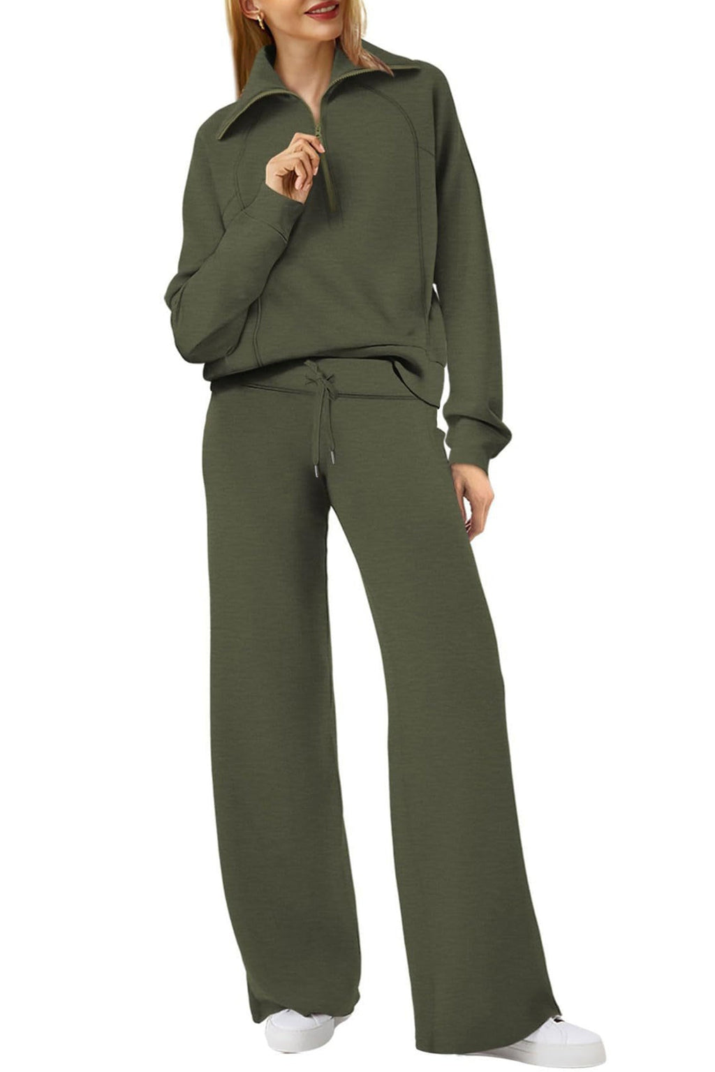GR | Langes Hosen-Set mit weitem Bein und Revers-Reißverschluss-Sweatshirt