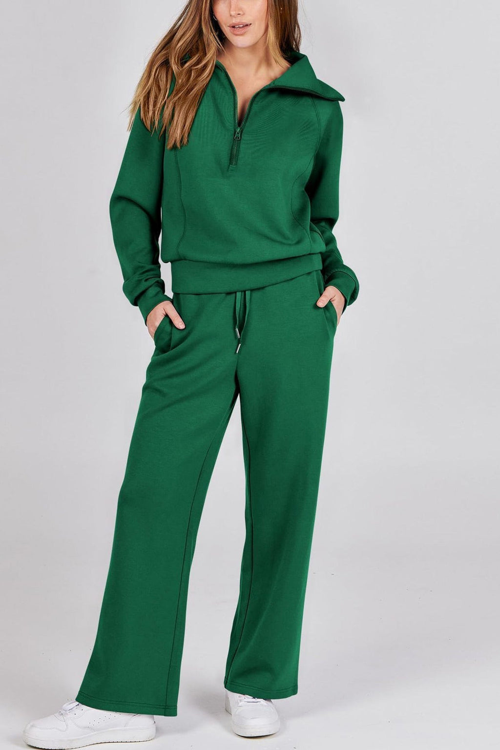 GR | Langes Hosen-Set mit weitem Bein und Revers-Reißverschluss-Sweatshirt