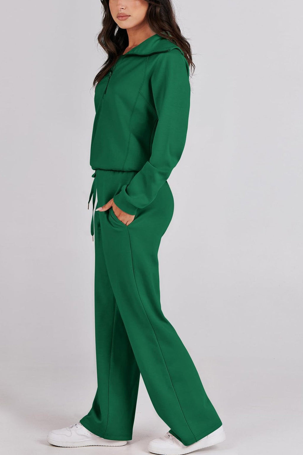 GR | Langes Hosen-Set mit weitem Bein und Revers-Reißverschluss-Sweatshirt
