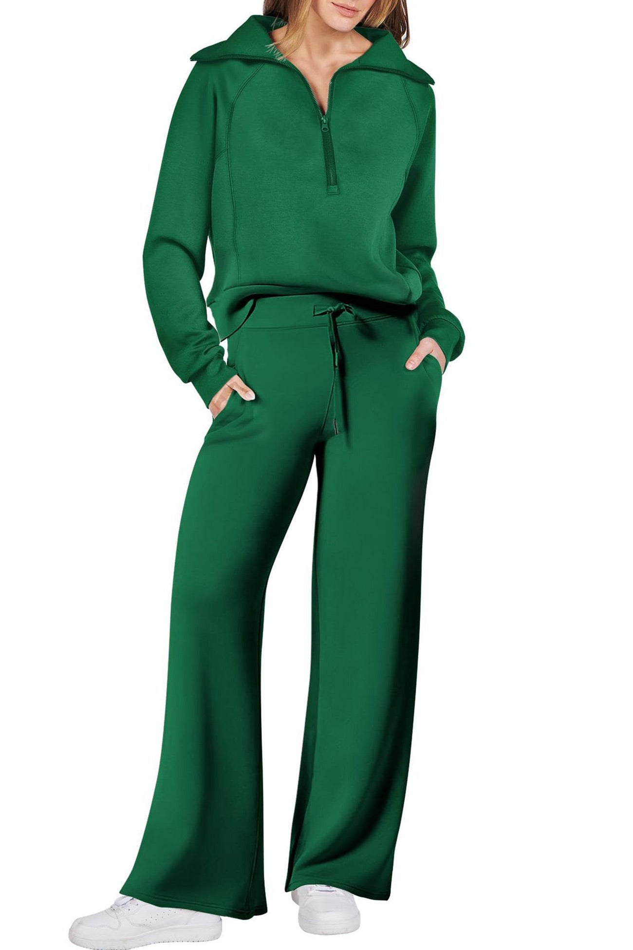 GR | Langes Hosen-Set mit weitem Bein und Revers-Reißverschluss-Sweatshirt