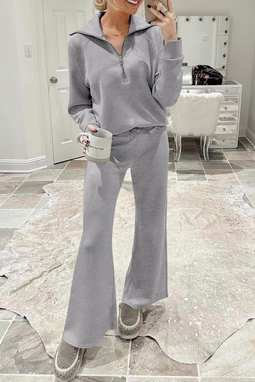 GR | Langes Hosen-Set mit weitem Bein und Revers-Reißverschluss-Sweatshirt