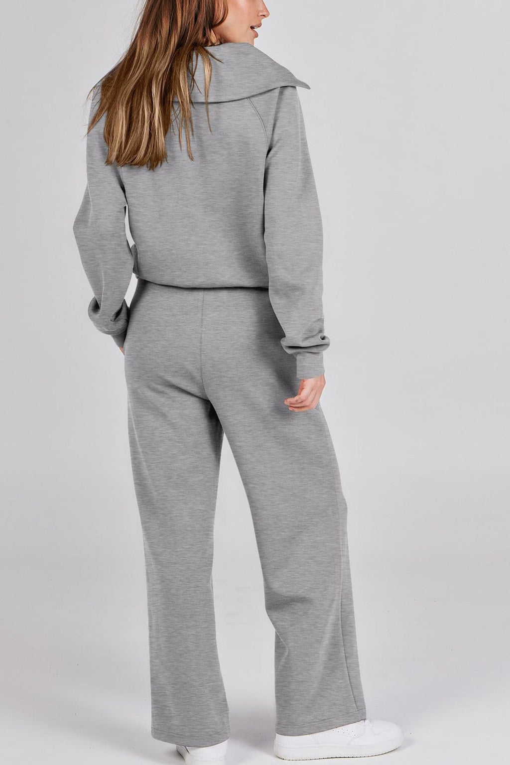 GR | Langes Hosen-Set mit weitem Bein und Revers-Reißverschluss-Sweatshirt