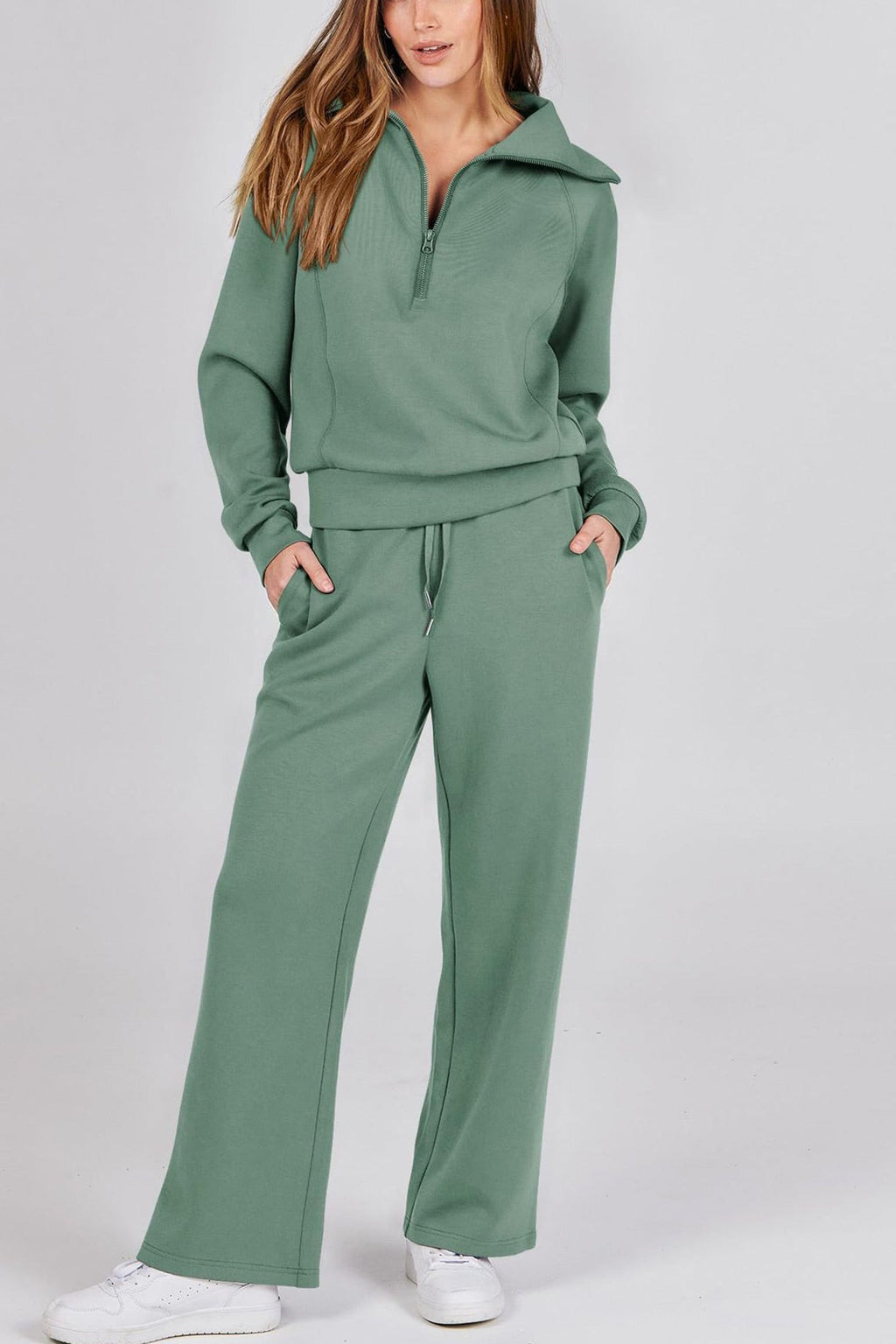 GR | Langes Hosen-Set mit weitem Bein und Revers-Reißverschluss-Sweatshirt