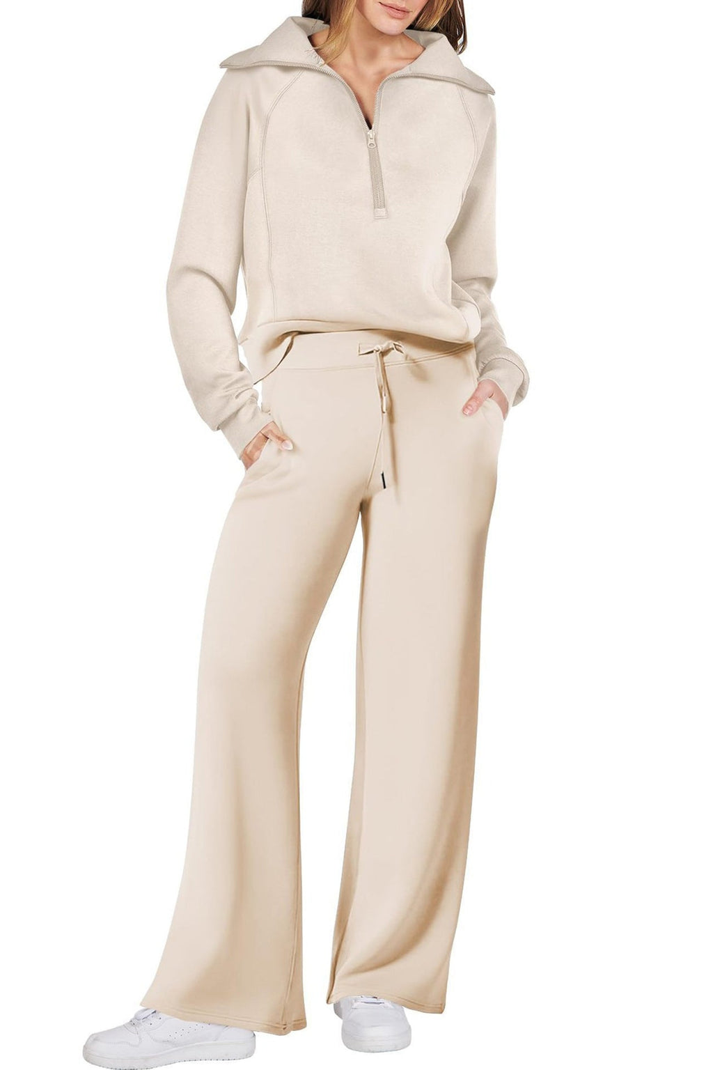 GR | Langes Hosen-Set mit weitem Bein und Revers-Reißverschluss-Sweatshirt