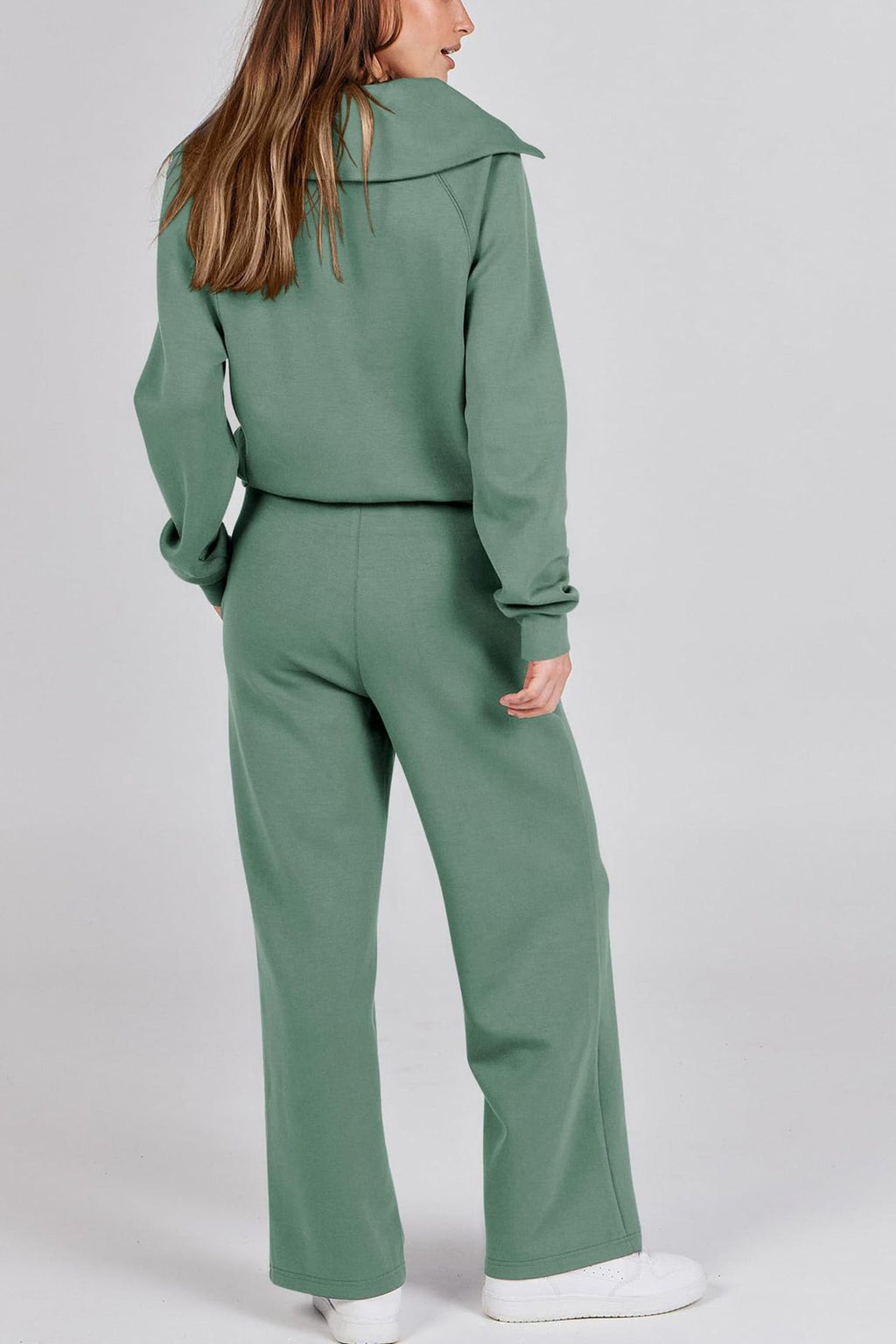 GR | Langes Hosen-Set mit weitem Bein und Revers-Reißverschluss-Sweatshirt