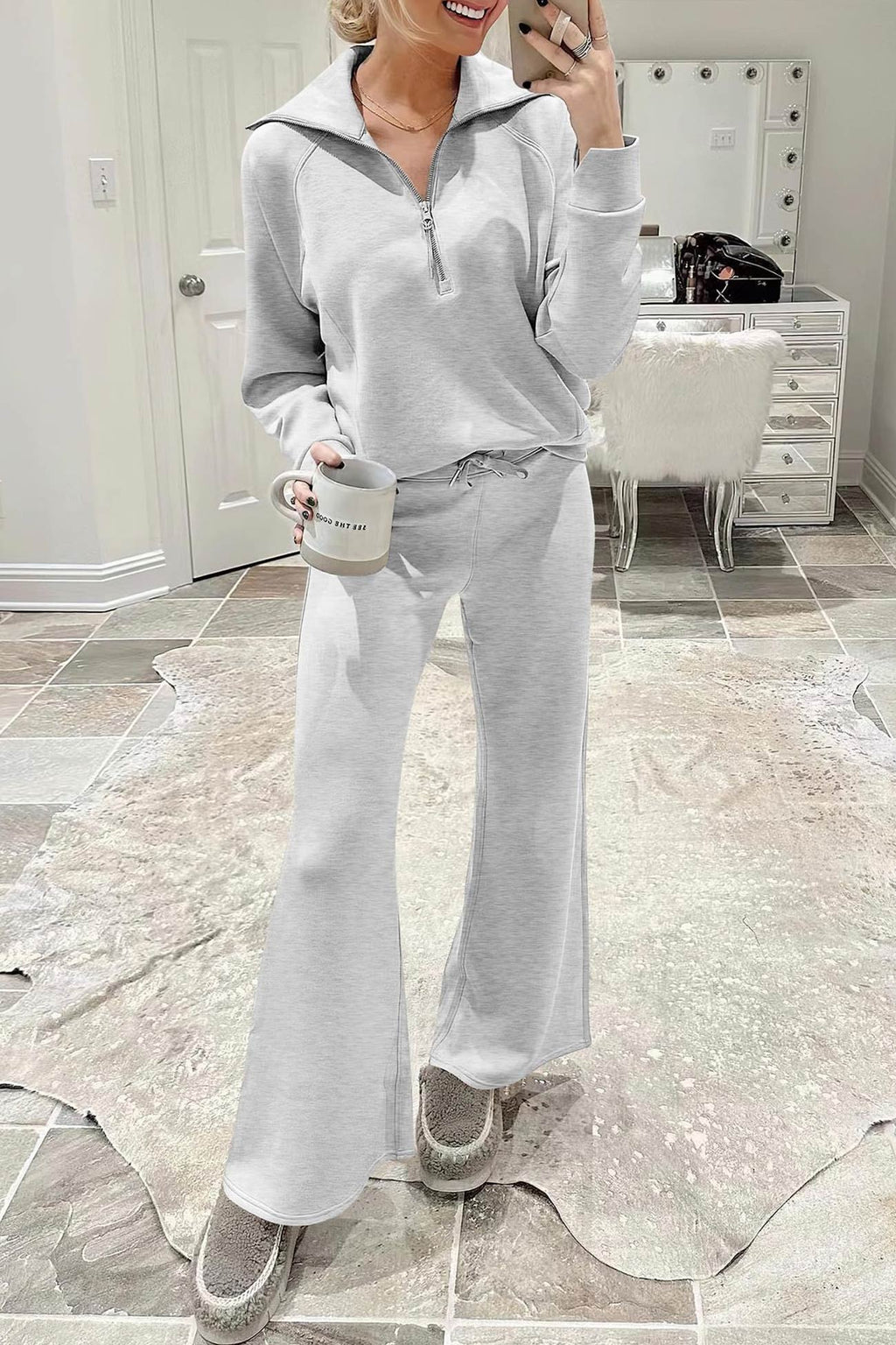 GR | Langes Hosen-Set mit weitem Bein und Revers-Reißverschluss-Sweatshirt