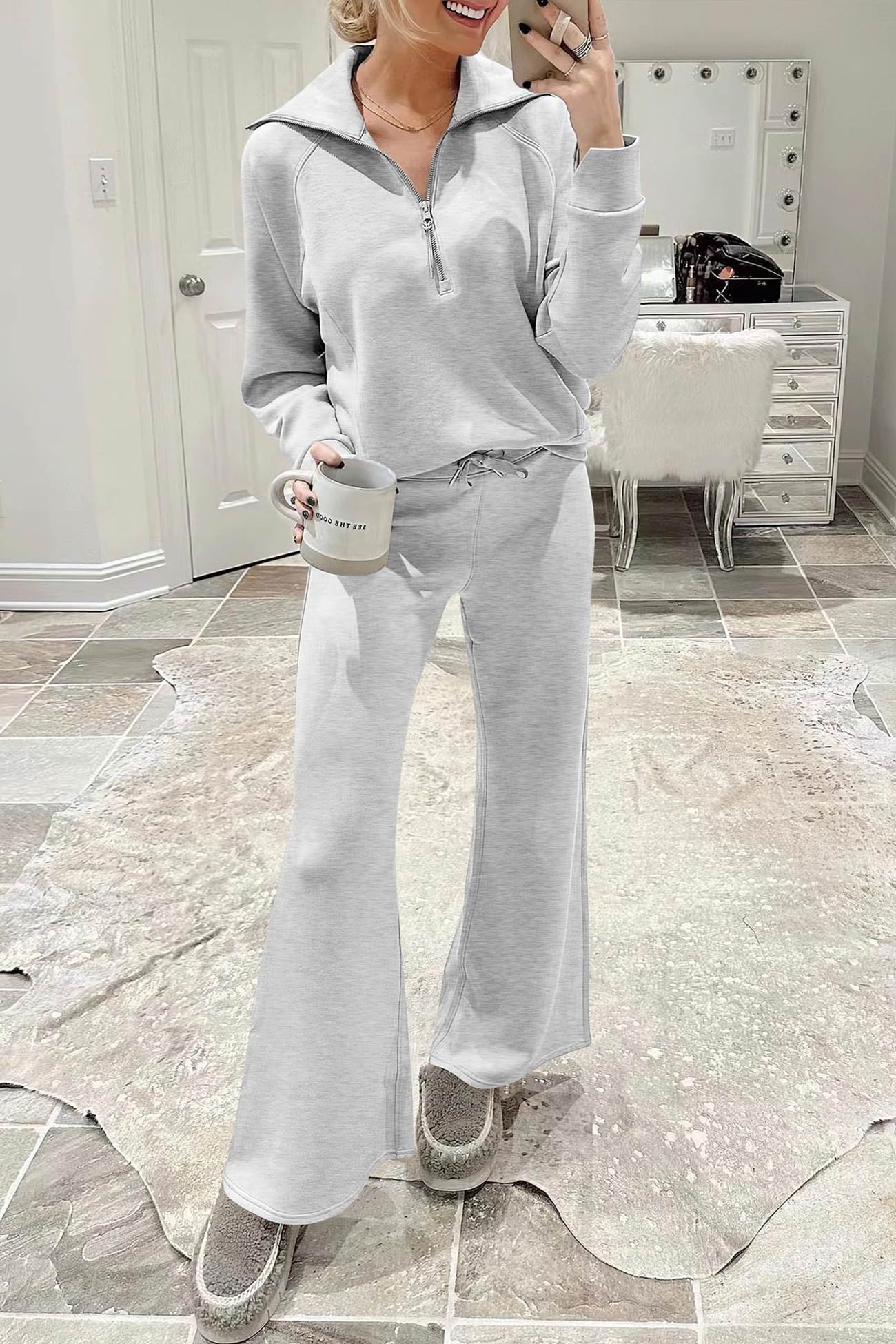 GR | Langes Hosen-Set mit weitem Bein und Revers-Reißverschluss-Sweatshirt