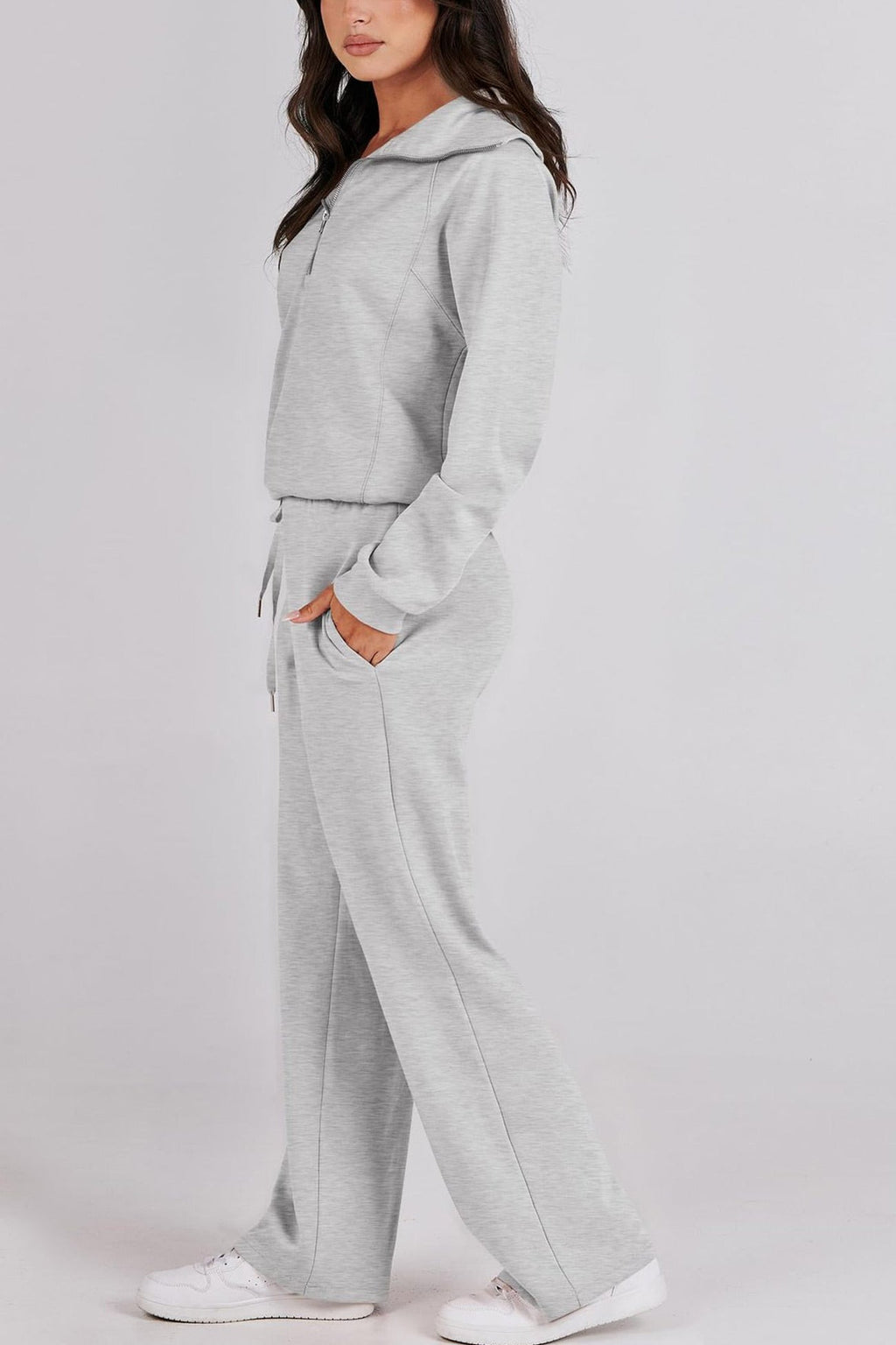 GR | Langes Hosen-Set mit weitem Bein und Revers-Reißverschluss-Sweatshirt