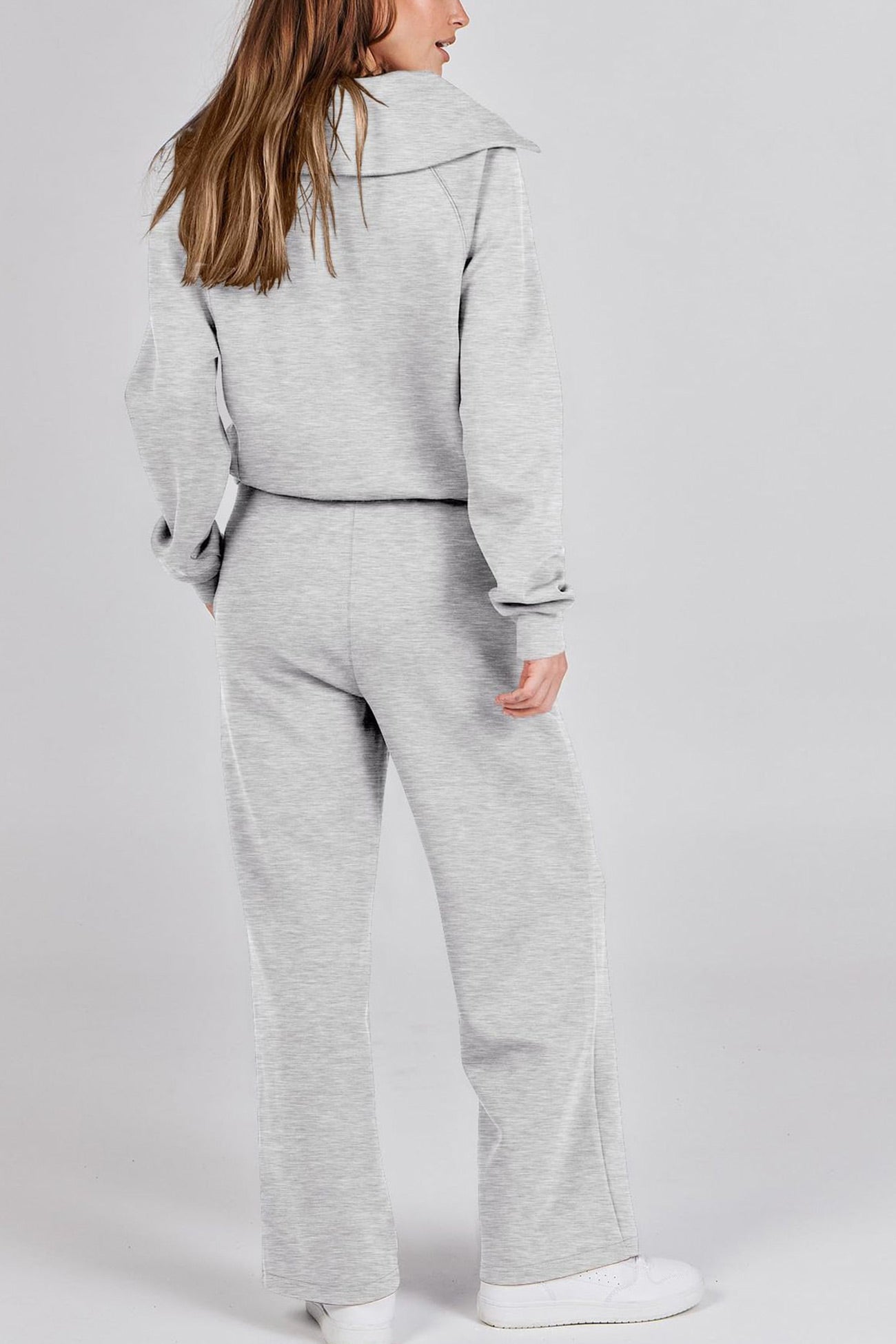GR | Langes Hosen-Set mit weitem Bein und Revers-Reißverschluss-Sweatshirt