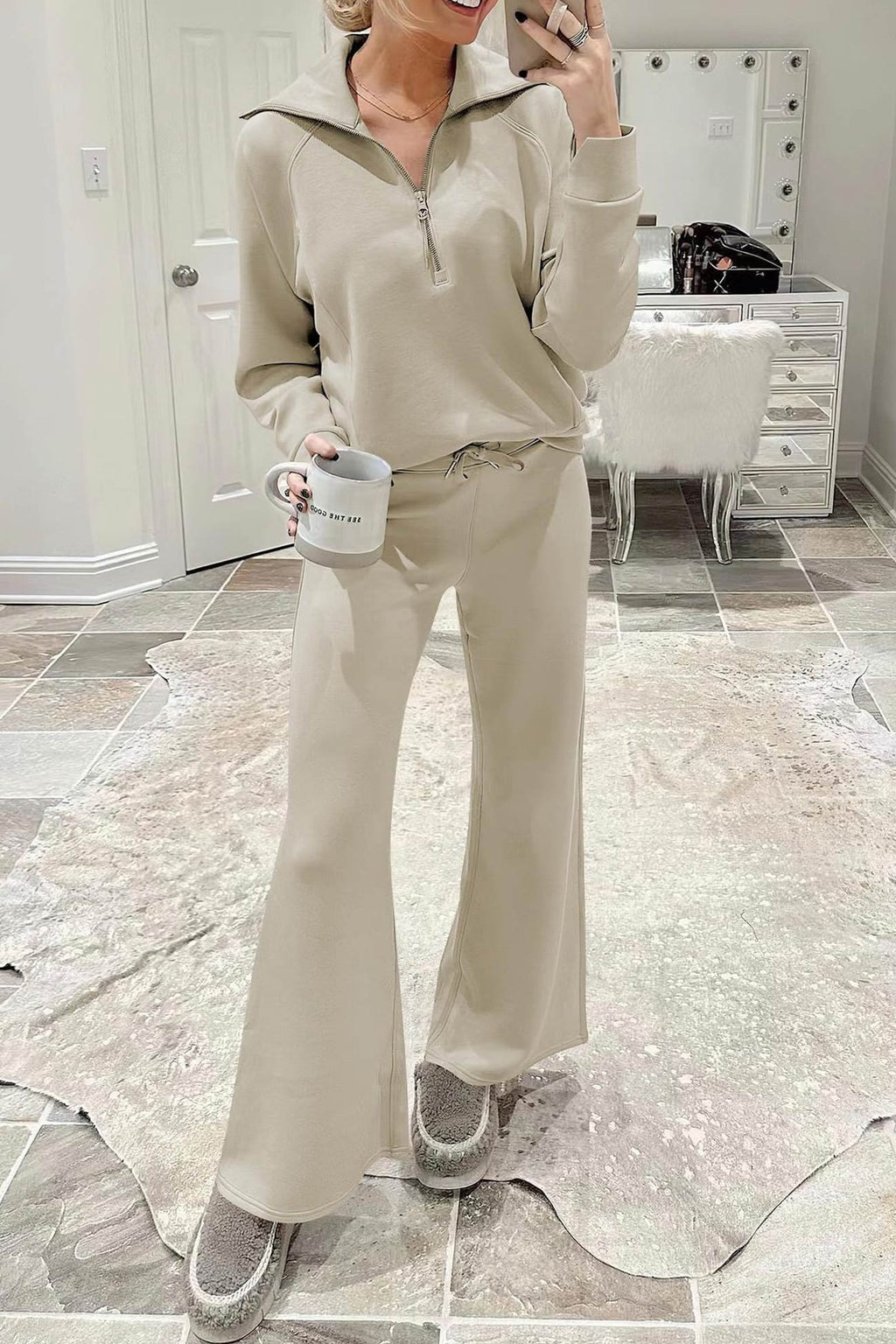 GR | Langes Hosen-Set mit weitem Bein und Revers-Reißverschluss-Sweatshirt