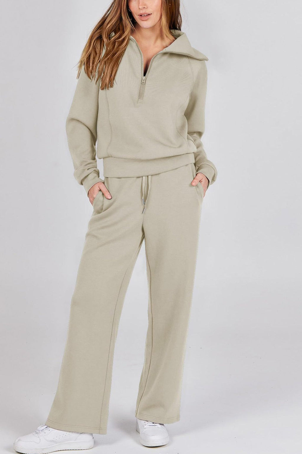 GR | Langes Hosen-Set mit weitem Bein und Revers-Reißverschluss-Sweatshirt
