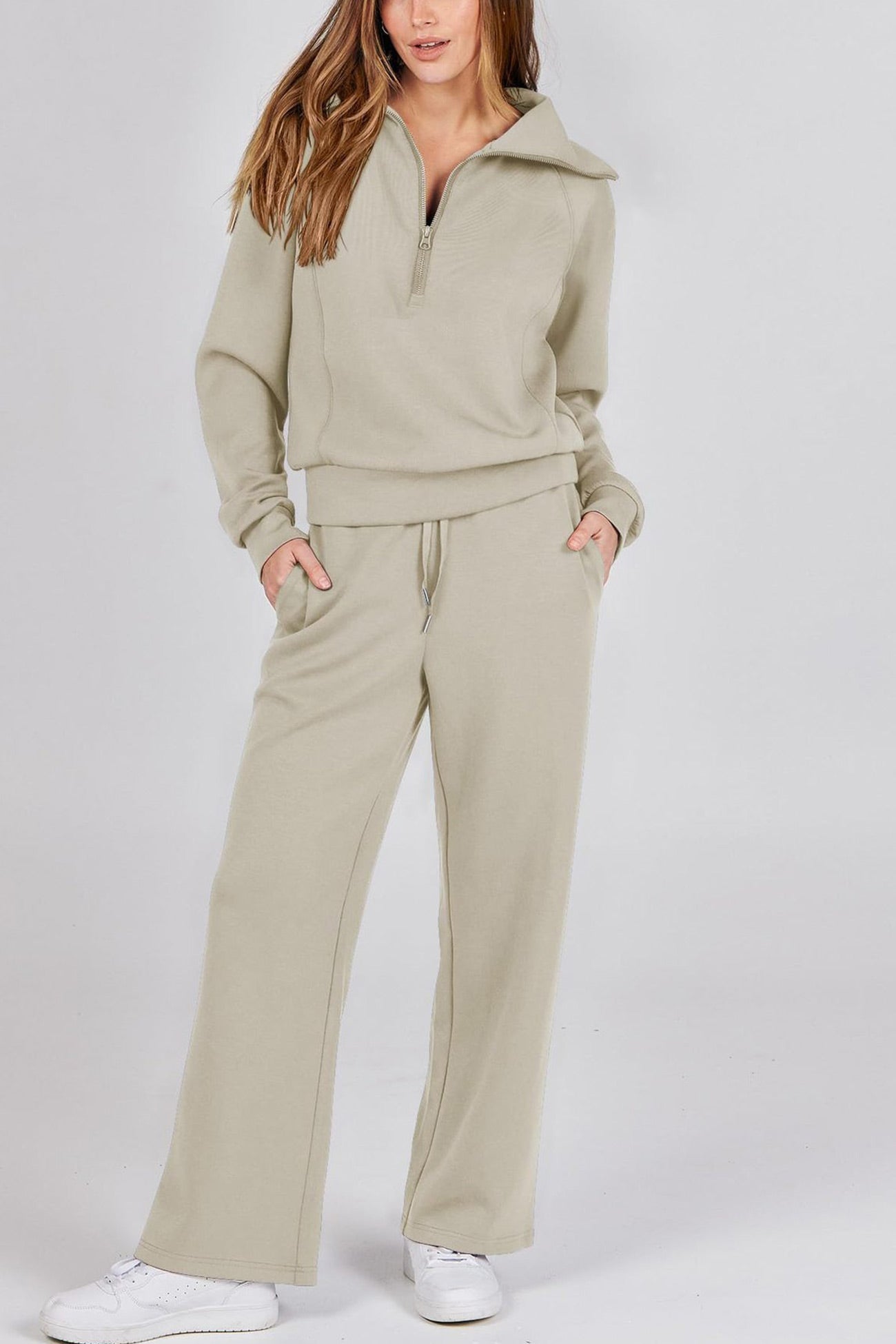 GR | Langes Hosen-Set mit weitem Bein und Revers-Reißverschluss-Sweatshirt