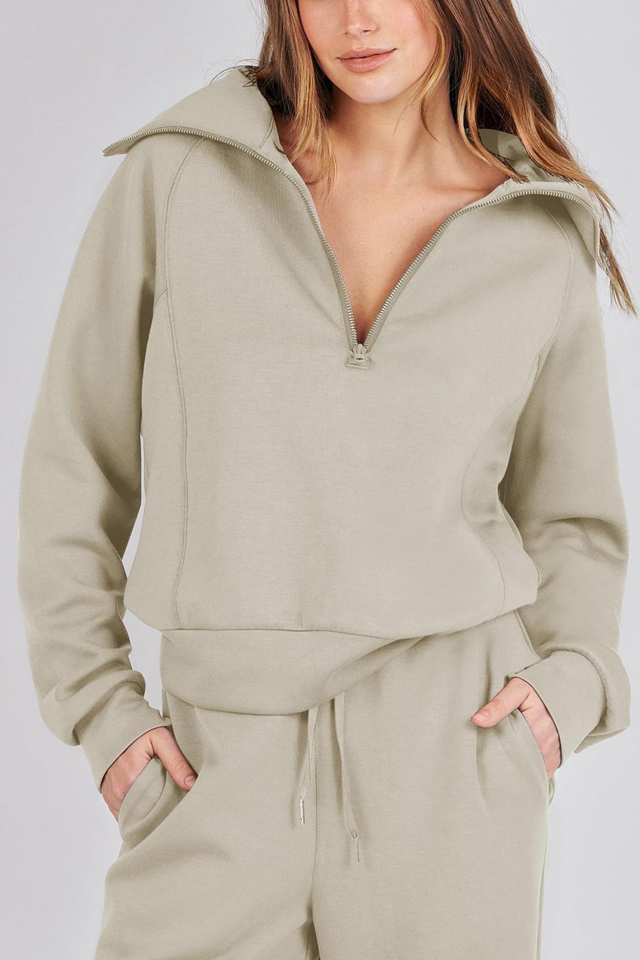 GR | Langes Hosen-Set mit weitem Bein und Revers-Reißverschluss-Sweatshirt