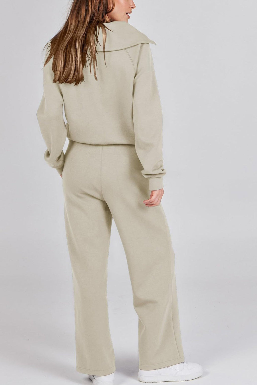 GR | Langes Hosen-Set mit weitem Bein und Revers-Reißverschluss-Sweatshirt