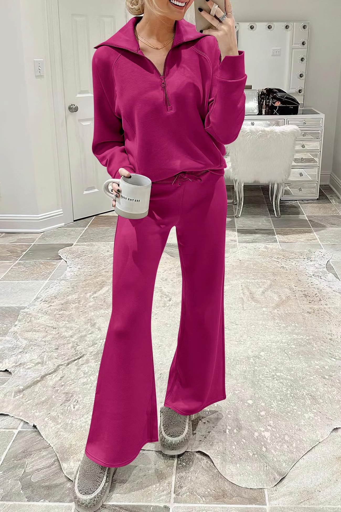 GR | Langes Hosen-Set mit weitem Bein und Revers-Reißverschluss-Sweatshirt
