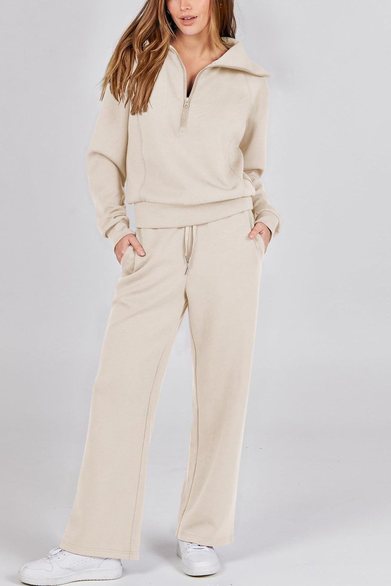GR | Langes Hosen-Set mit weitem Bein und Revers-Reißverschluss-Sweatshirt