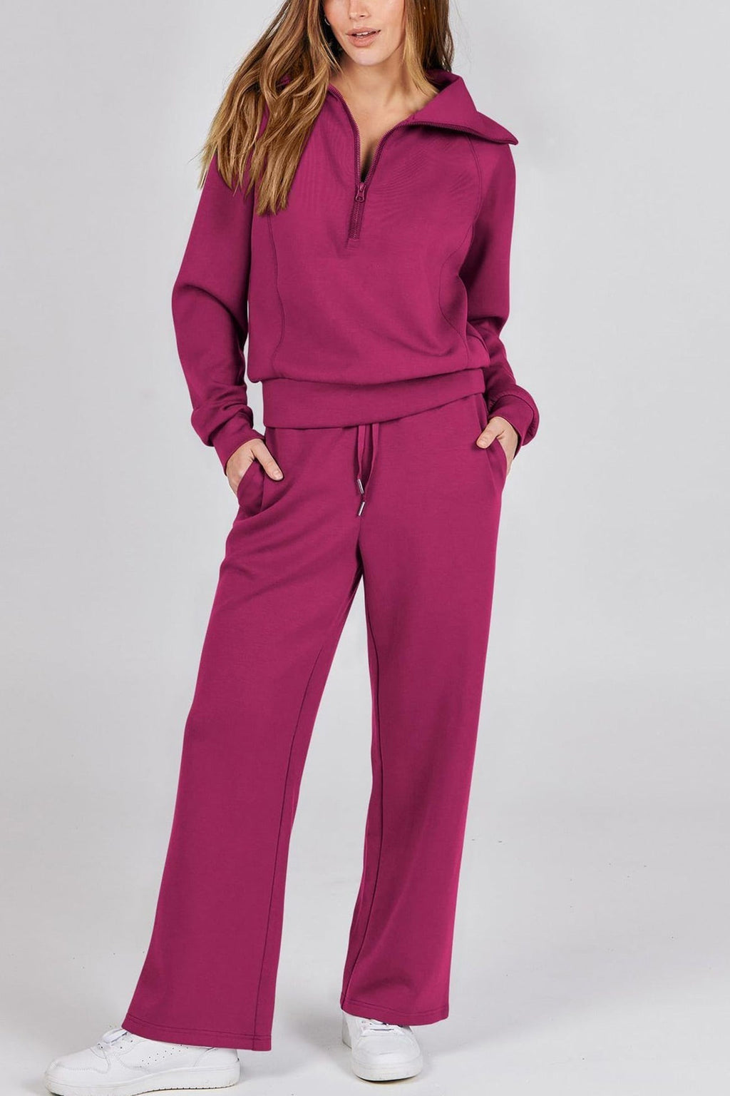 GR | Langes Hosen-Set mit weitem Bein und Revers-Reißverschluss-Sweatshirt