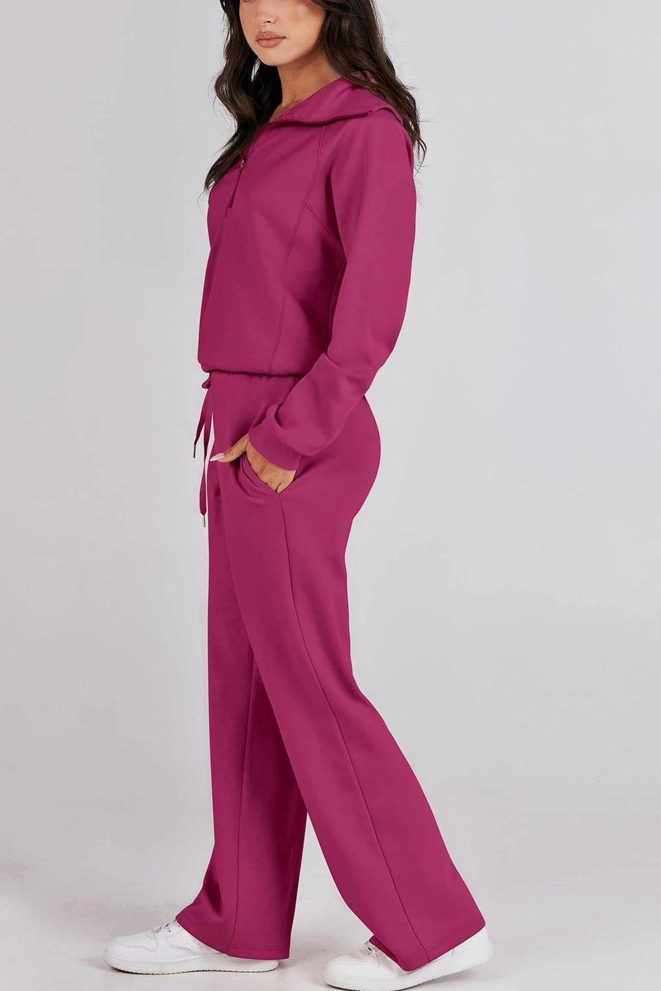 GR | Langes Hosen-Set mit weitem Bein und Revers-Reißverschluss-Sweatshirt