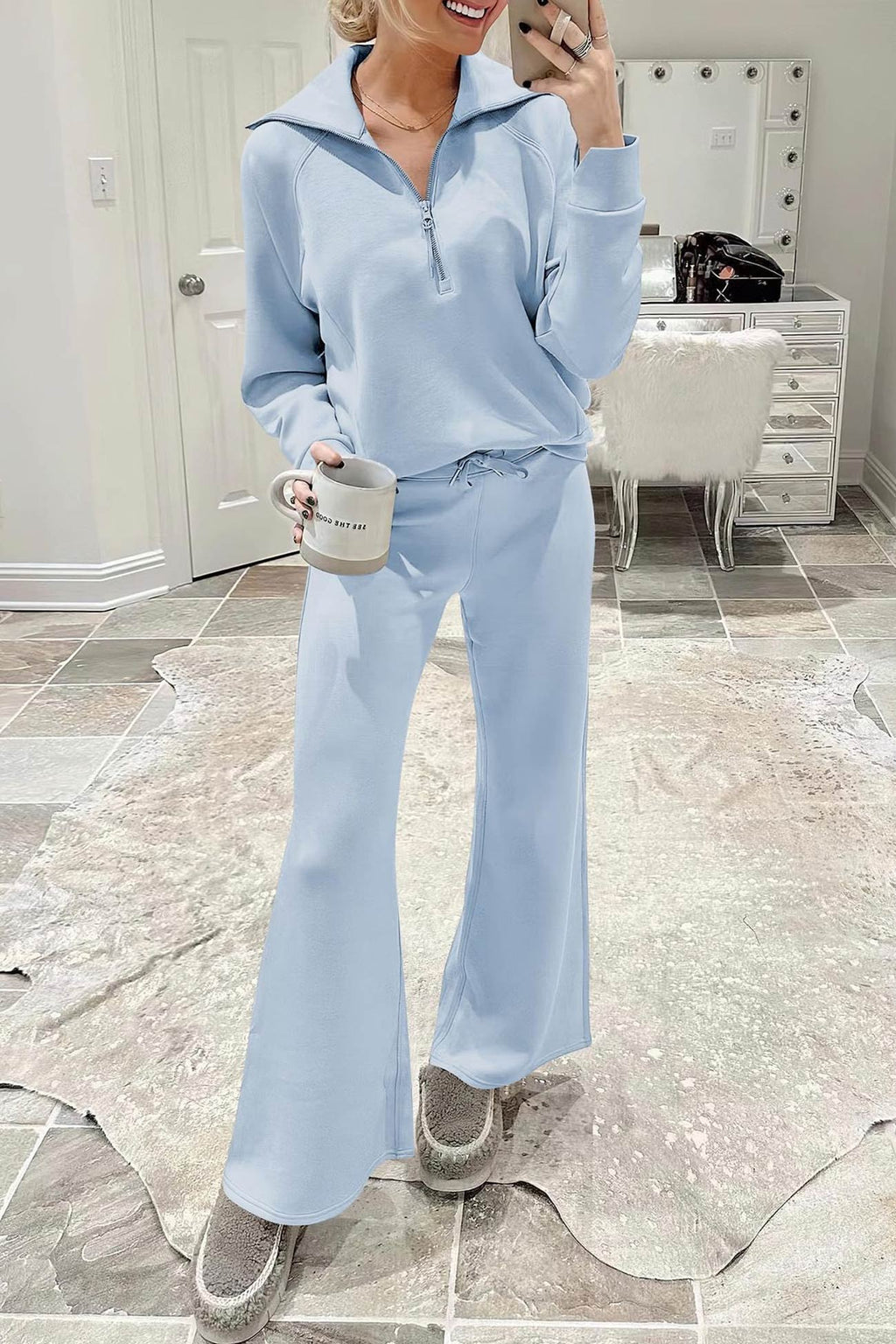 GR | Langes Hosen-Set mit weitem Bein und Revers-Reißverschluss-Sweatshirt