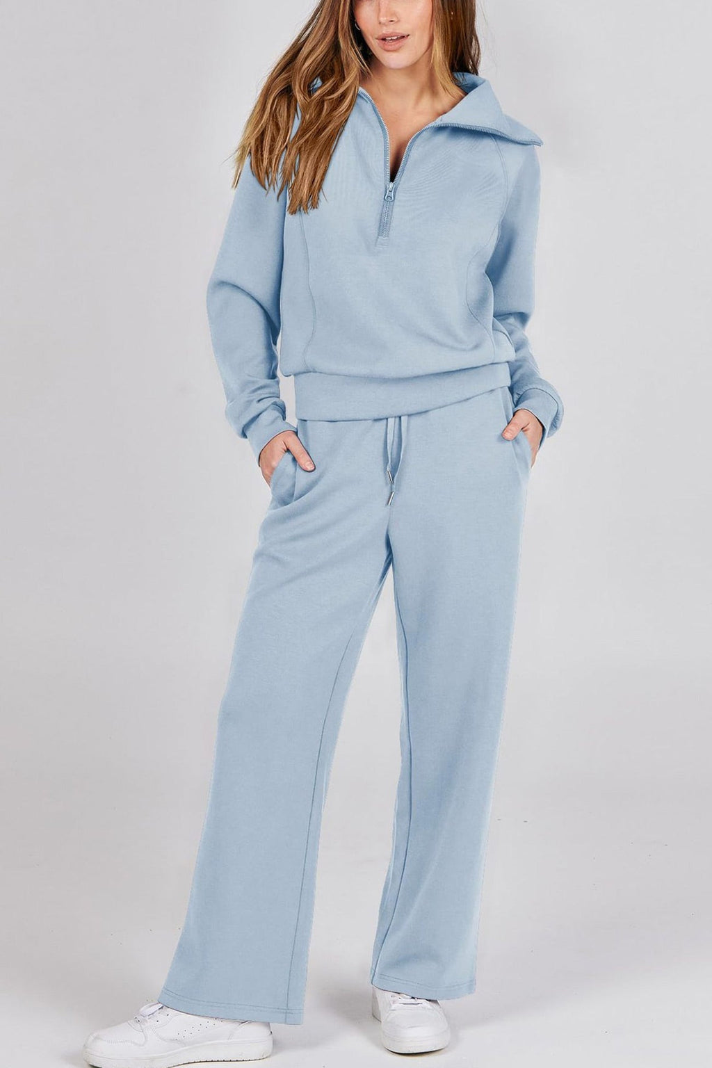 GR | Langes Hosen-Set mit weitem Bein und Revers-Reißverschluss-Sweatshirt