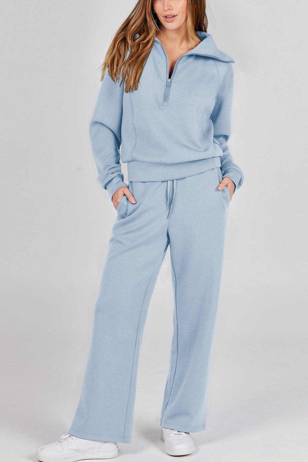 GR | Langes Hosen-Set mit weitem Bein und Revers-Reißverschluss-Sweatshirt